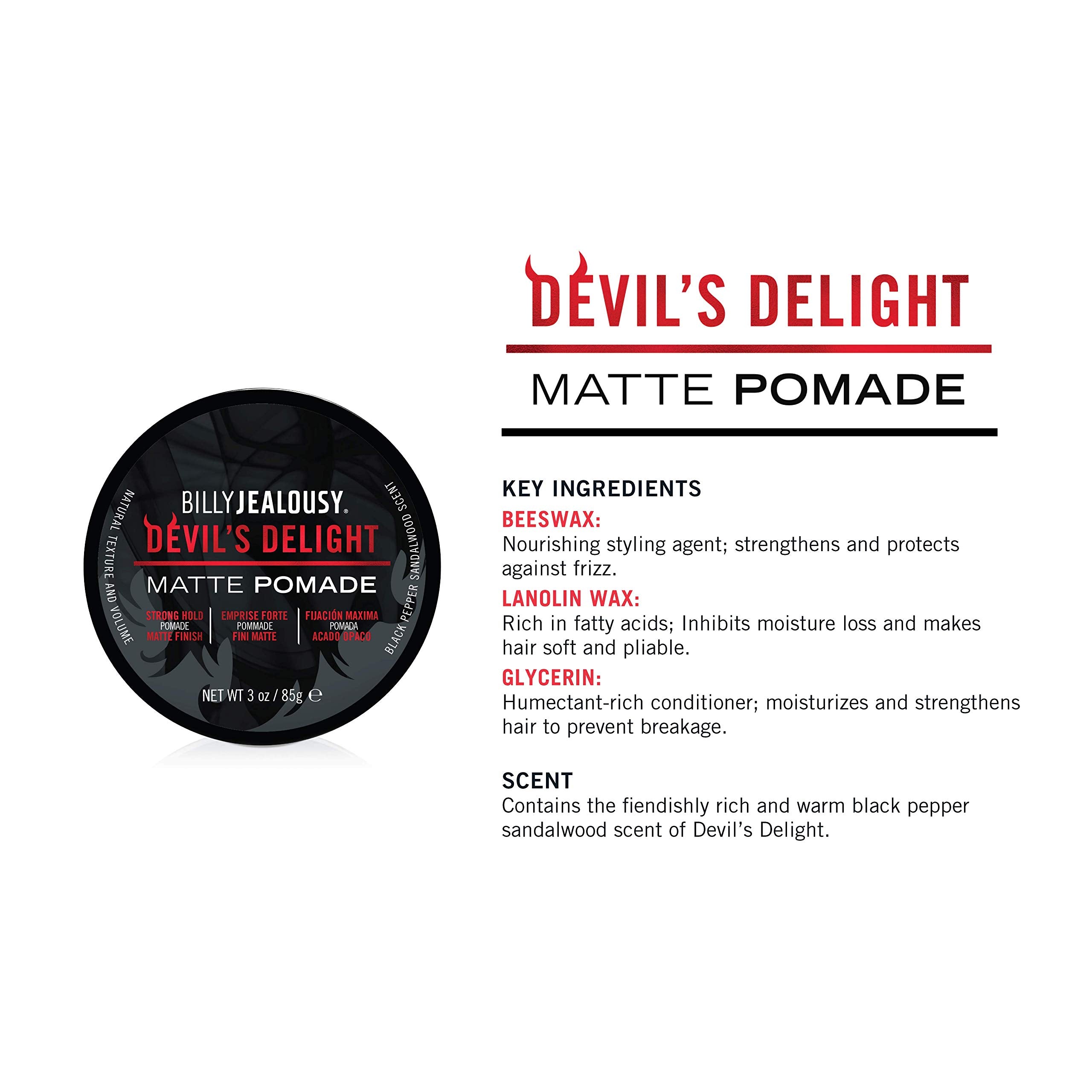 Billy Jealousy Devil's Delight Matte Pomade for Men Adds Volume and Definition, Strong Hold Water-Based Formula with Black Peppe