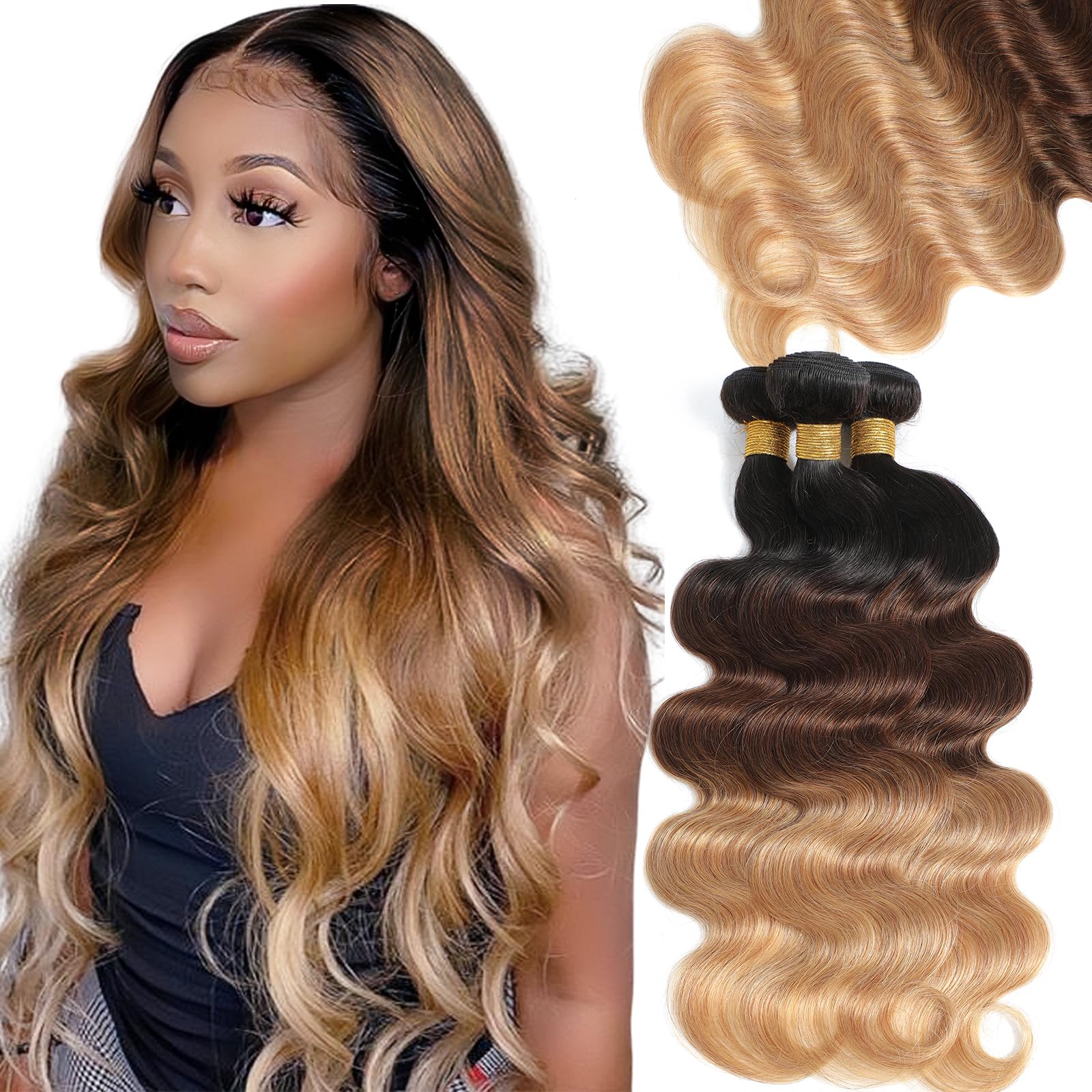 Kapelli Hair 10A Ombre Human Hair Bundles Ombre Brazilian Hair Body Wave (T1B/4/27,18'' 20'' 22'') Ombre Brazilian Human Hair Vi