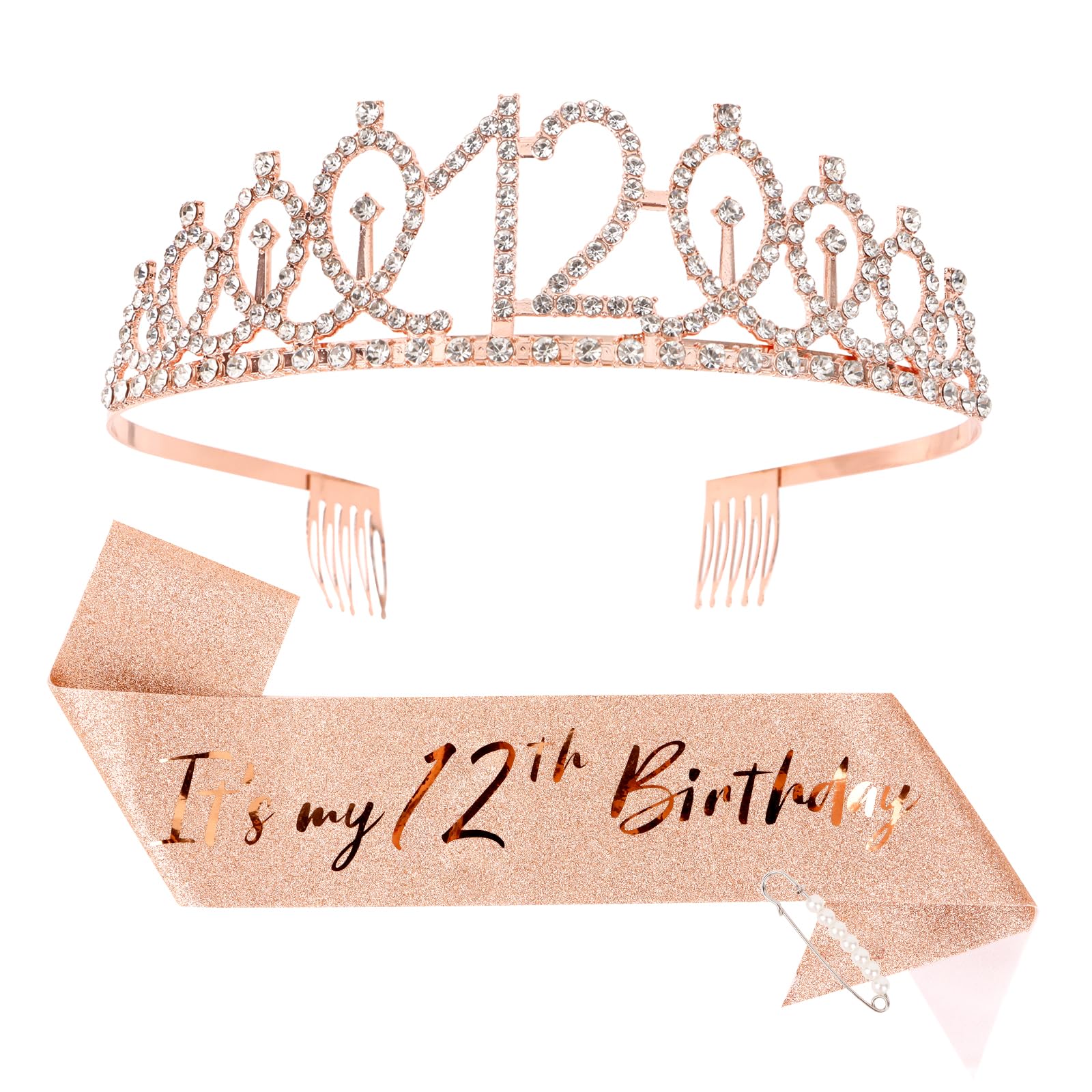 CIEHER 12th Birthday Crown + 12th Birthday Sash + Pearl Pin Set, It's My 12th Birthday Sash, 12 Birthday Tiara, 12th Birthday De