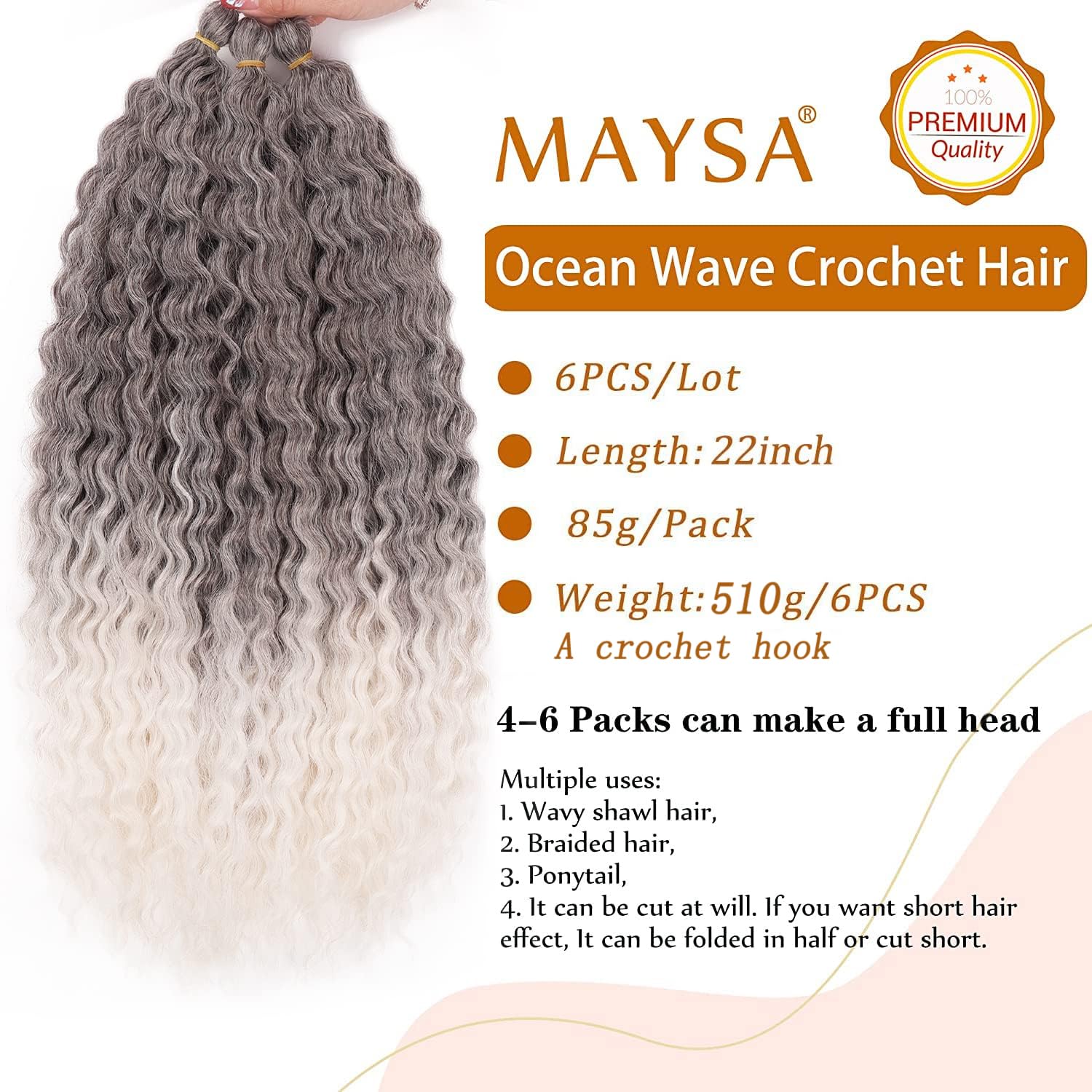 Maysa Ombre Grey Curly Crochet Hair 22Inch 6Packs Ocean Wave Crochet Hair Wavy Synthetic Crochet Hair Ombre Chocolate Brown Mix