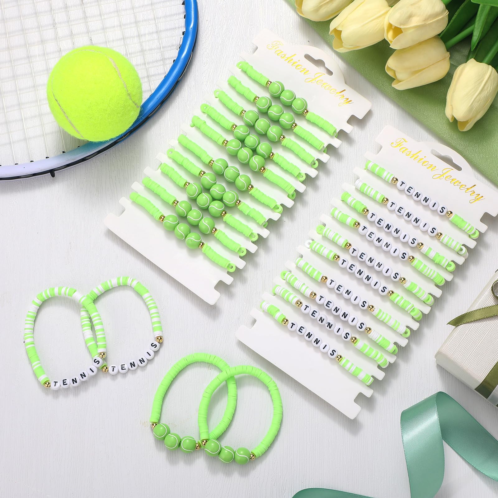 Huquary 24 Pack Tennis Ball Team Gifts Letter Clay Beaded Bracelet Bulk Tennis Party Favors Green White Fresh Adjustable Sports