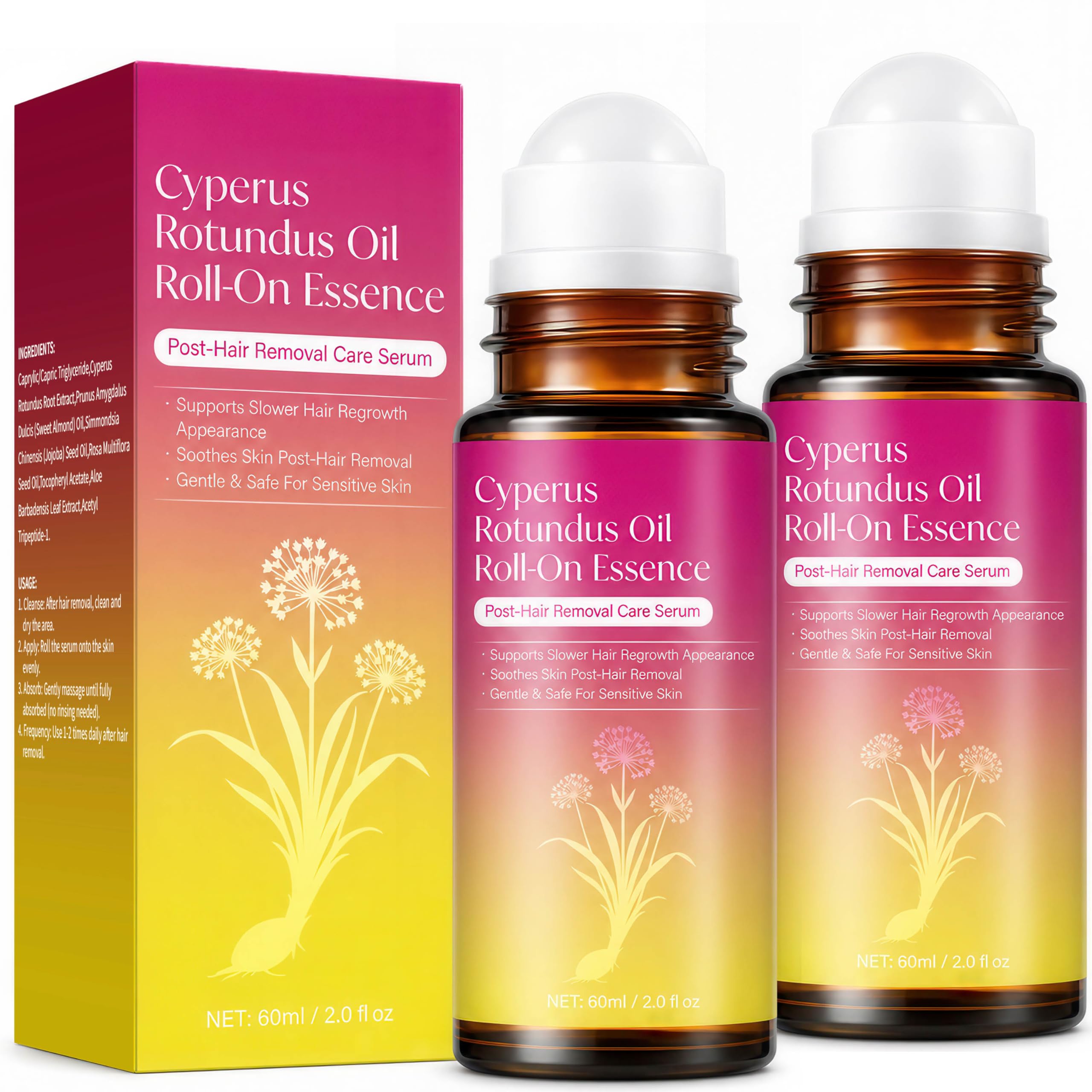 ZIIDII 2PCS Cyperus Rotundus Oil for Hair Removal, Natural Cyprus Cypress Rotundus Serum RollOn, Hair Growth Inhibitor & Post H