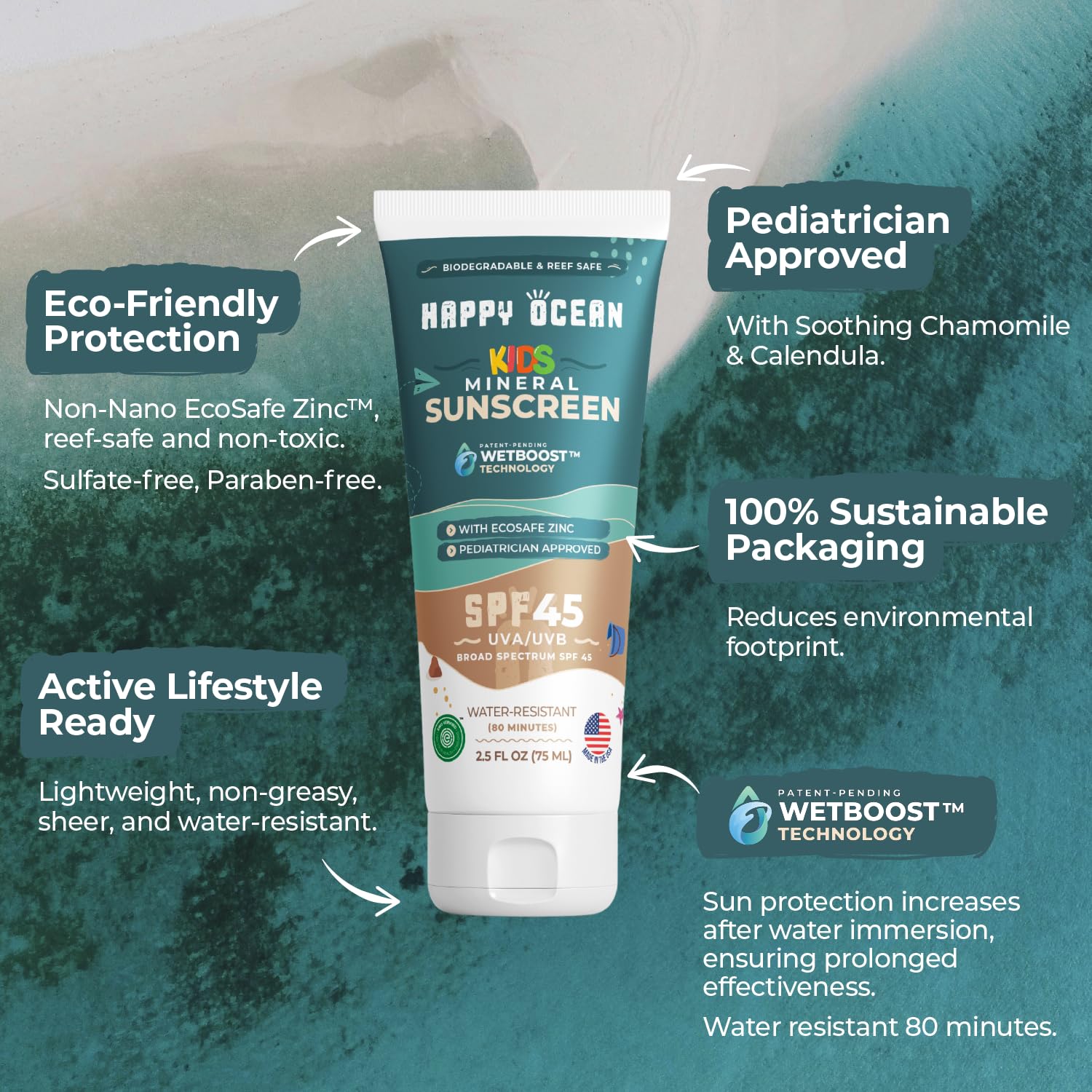 Spf 45 Organic Non Toxic Mineral Sunscreen For Kids, Sunscreen For Sensitive Skin, Natural Reef Safe Sunscreen, Kids Mineral Sun