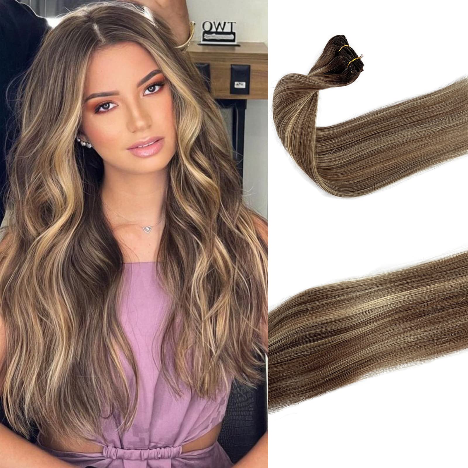 Clip in Human Hair Extensions,15inch 70g 7pcs Omber Ash Brown to Bleach Blonde with Ash Brown Balayage Clip in Hair Extensions R