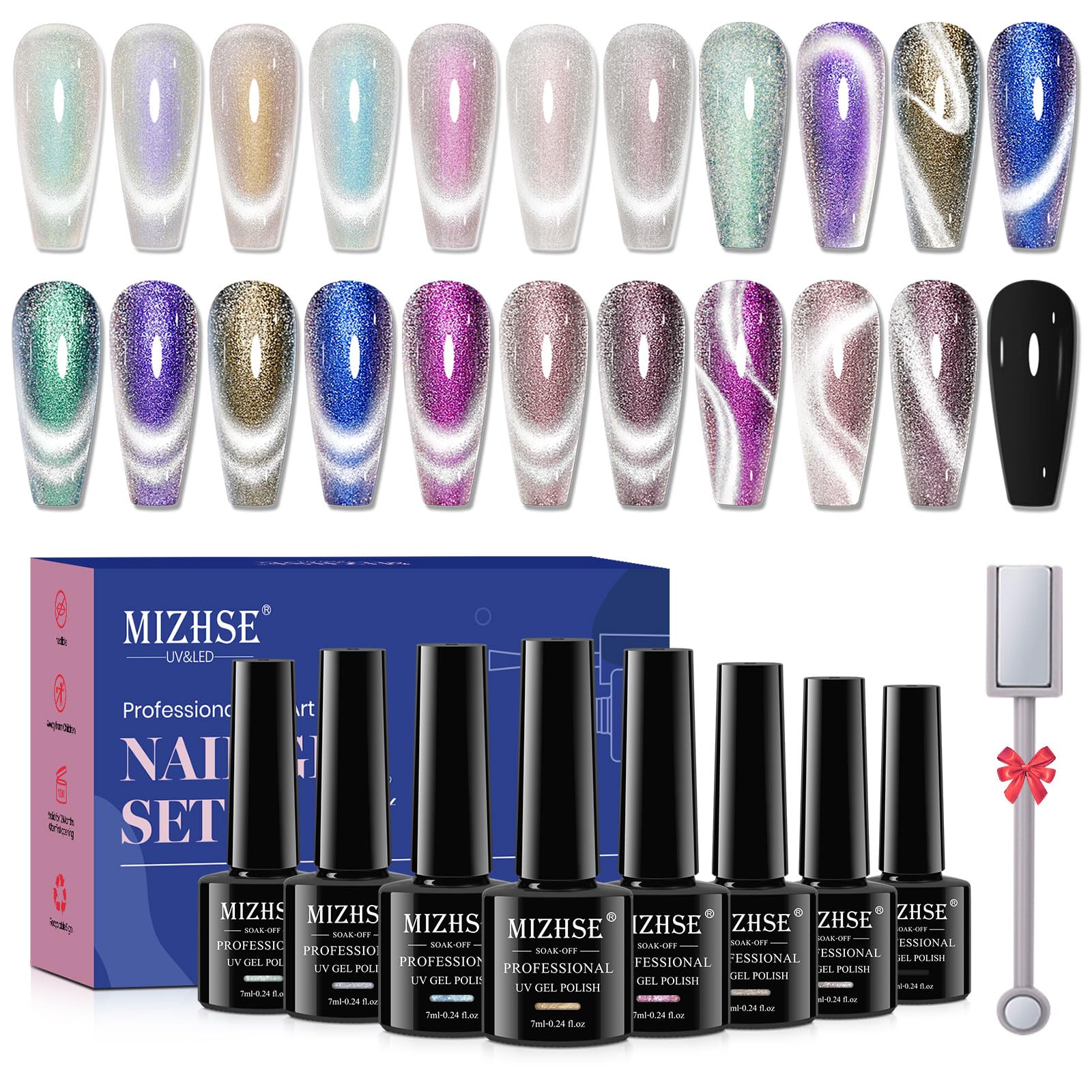Mizhse Cat Eye Gel Nail Polish, Auroras Magnetic Gel Polish Set 8 Colors With Magnet Stick, Shiny Glitter Cateye Gel Polish Blue