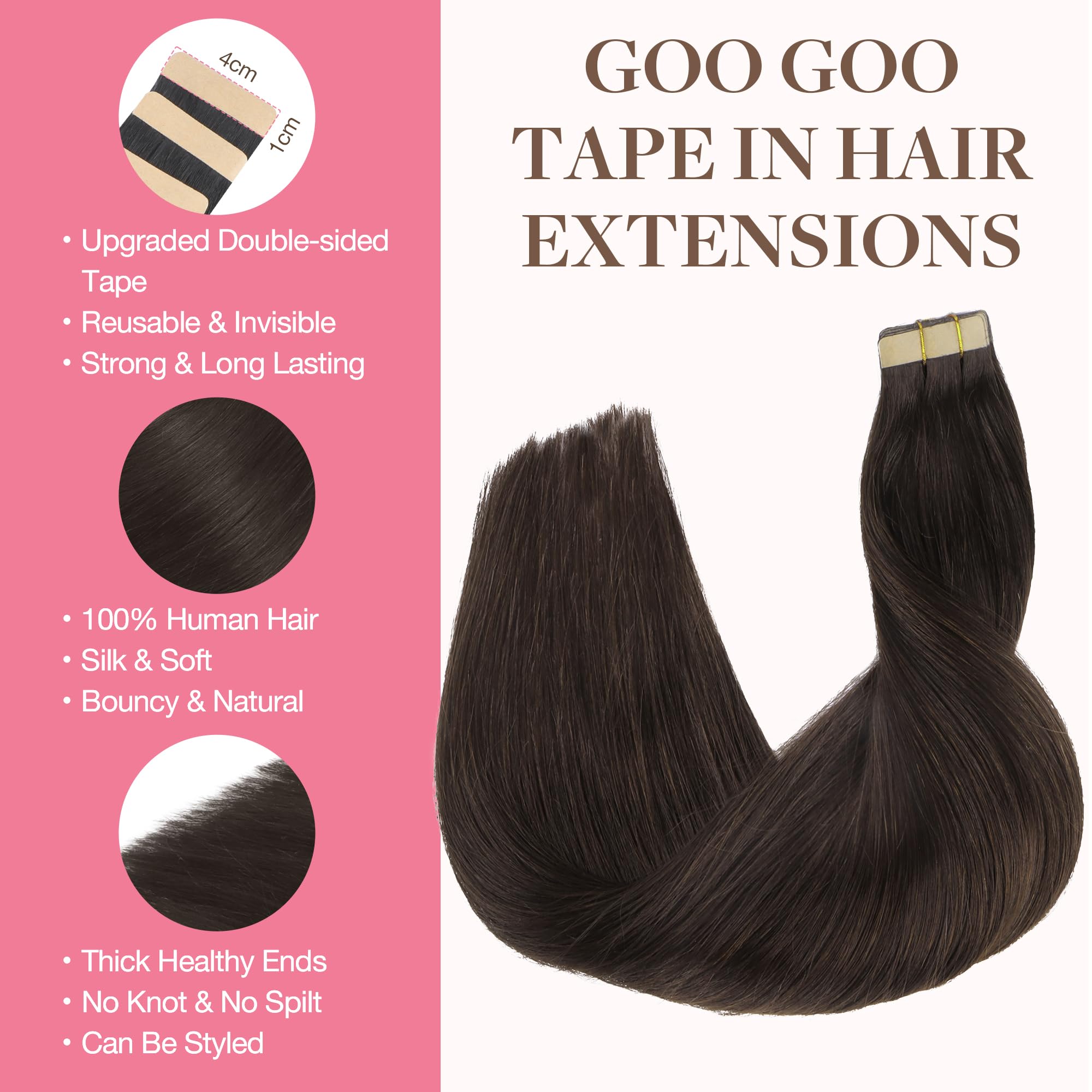 Goo Goo Tape In Hair Extensions Human Hair, 2A Light Brown, 26Inch 60G 20Pcs, Thick Ends Straight Seamless Tape In, Invisible Ta