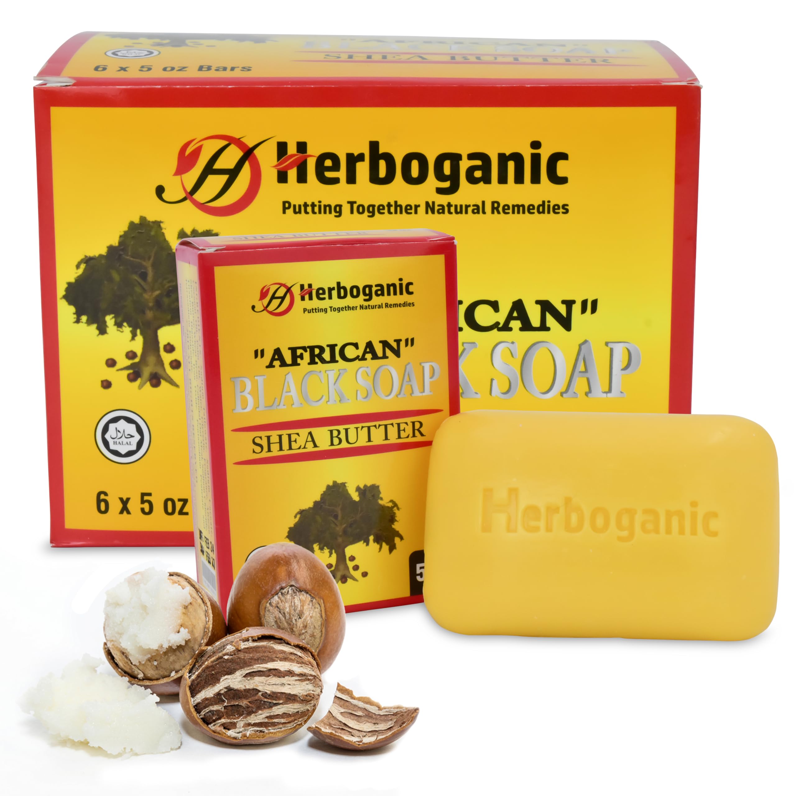 HERBOGANIC African black soap with Shea butter Herbal Soap | Pack of 6 of 5oz soap Bar | Ideal for Men and Women, Soothing and N