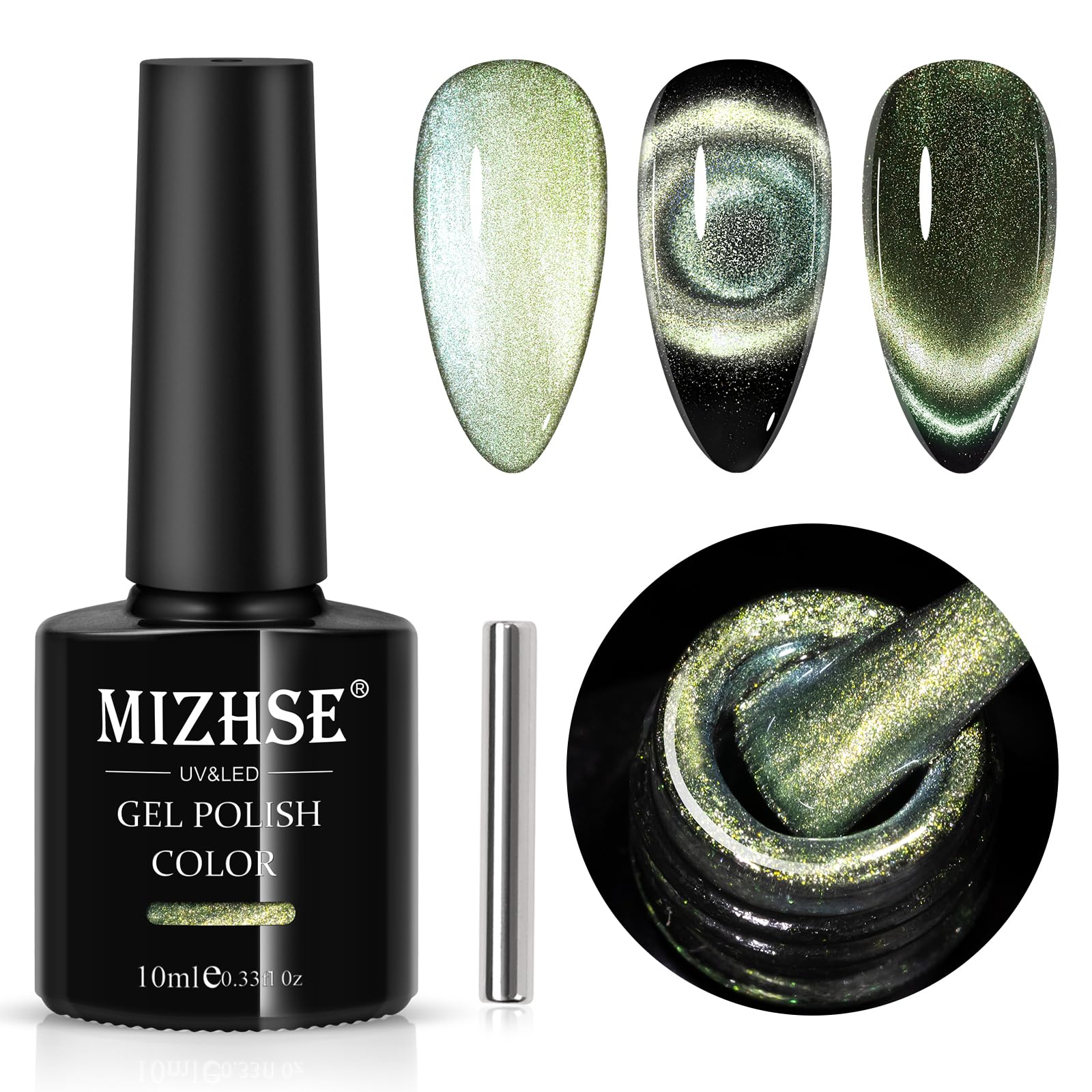 Mizhse 9D Cat Eye Gel Nail Polish, Light Green Magnetic Gel Polish With Magnet Stick, Magic Galaxy Effect Holographic Glitter Si