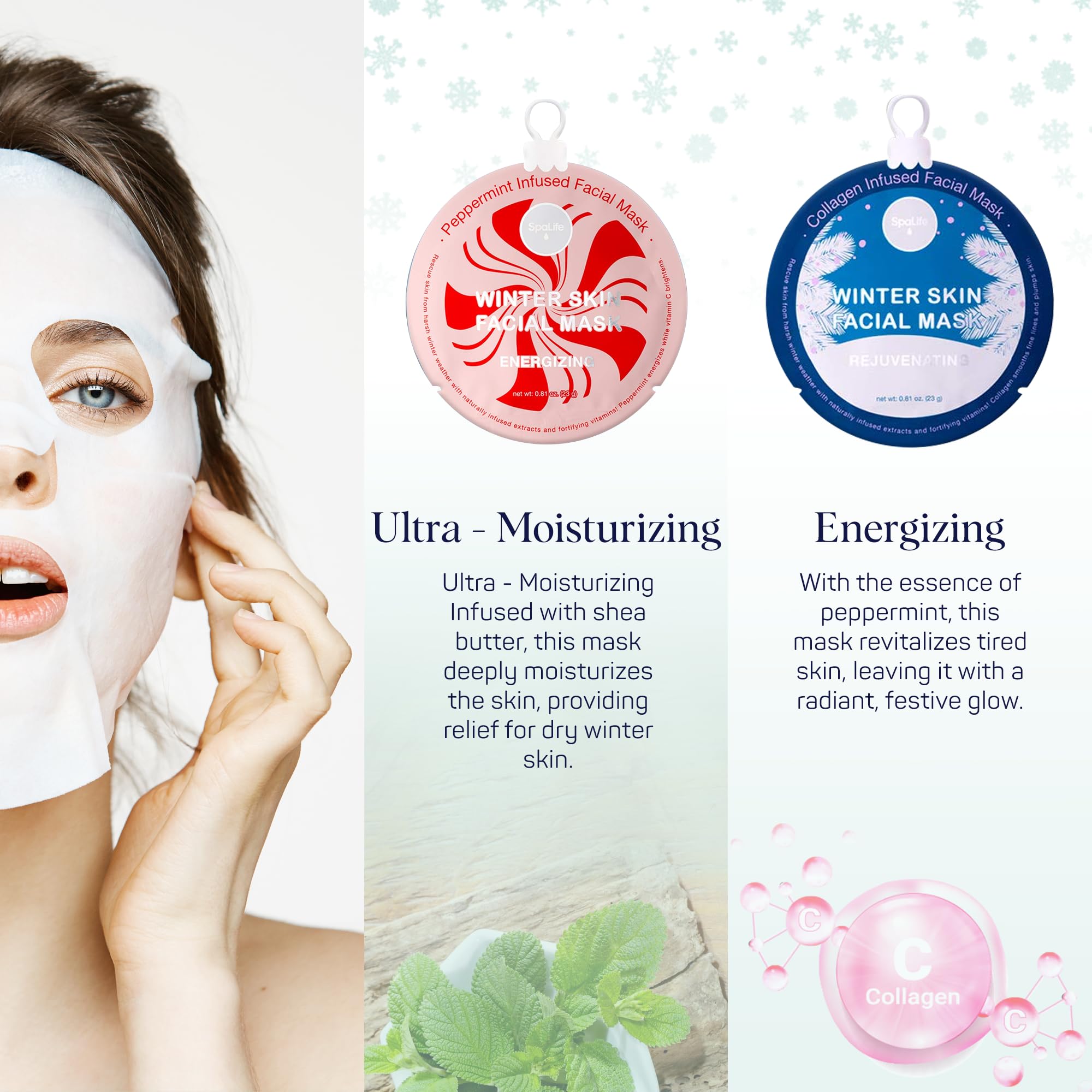 Spalife Winter Skin Facial Mask 12-Count Set - Infused With 4 Skin-Loving Ingredients - Moisturizing And Hydrating Sheet Masks -