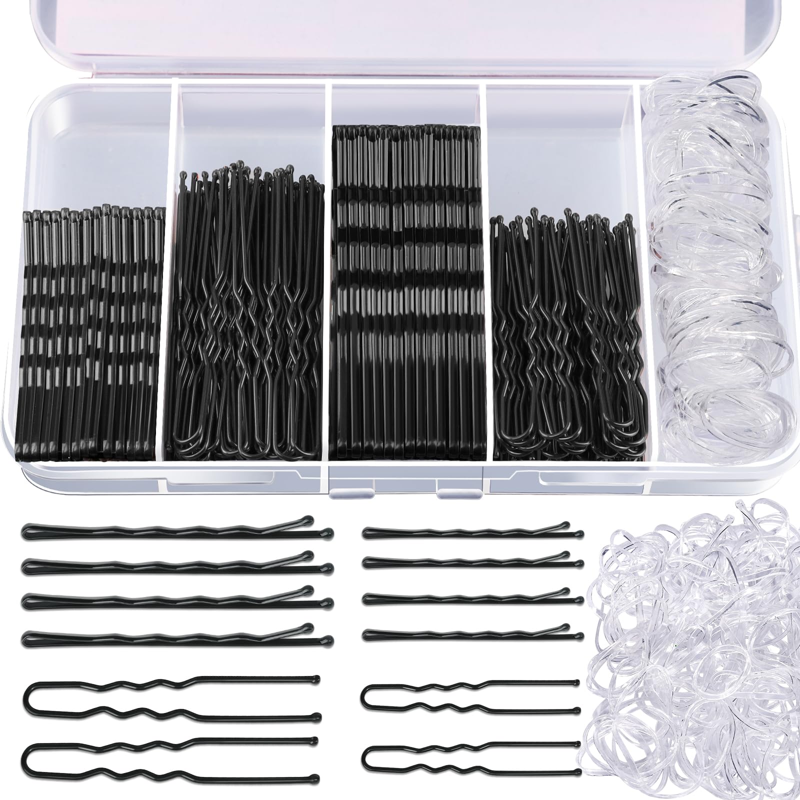 Teenitor 300pcs Hair Pins Bobby Pins Black, 100 Black Bobby Pins 100 Hair Pins for Women and 100 Clear Hair Bands Kit, Black Hai