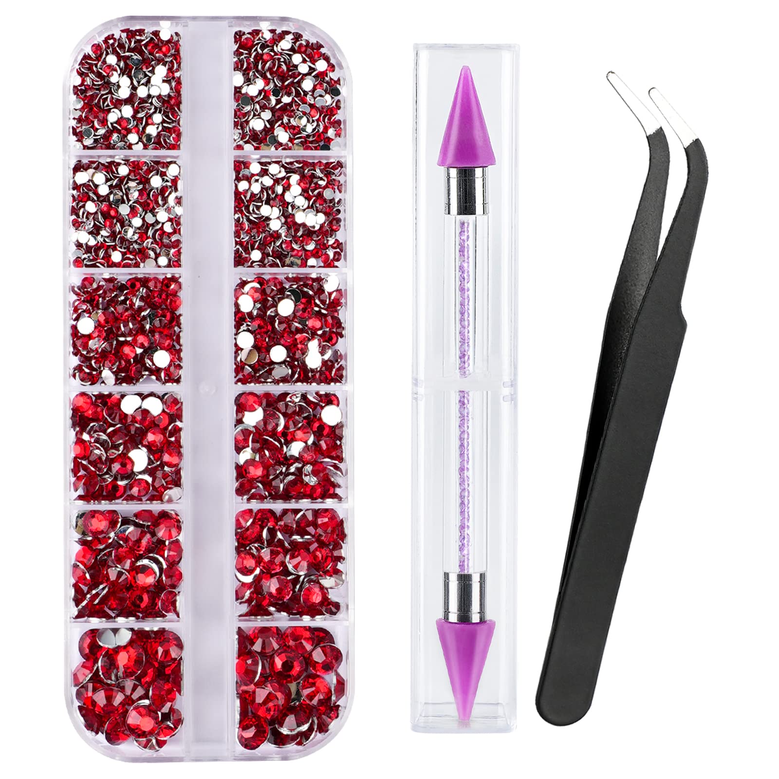 Canvalite 1500PCS Red Rhinestones Flat Back Gems, Nail Rhinestones Nail Art Gems with Pick Up Tweezers and Rhinestone Picker Dot