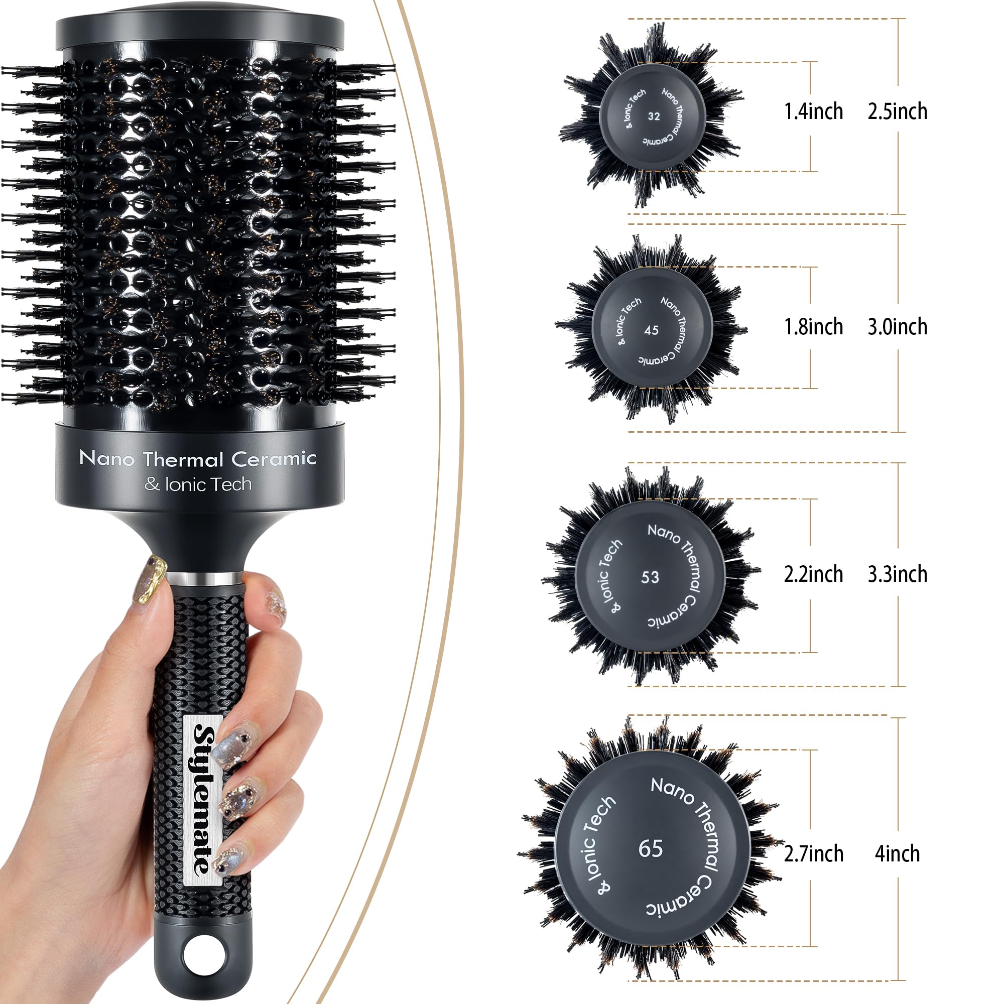 Stylemate Round Brush, Nano Thermal Ceramic & Ionic Tech Round Barrel Roller Hair Brush With Boar Bristles For Blow Drying, 4 Fr