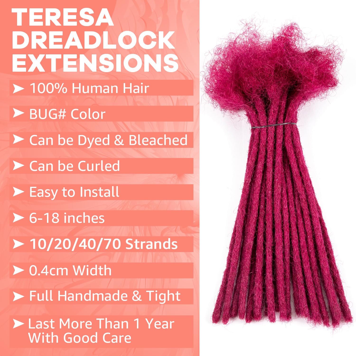 Teresa 6 Inch 0.4Cm Width Loc Extension Human Hair #Burgundy 70 Strands Full Hand-Made Permanent Locs Extensions Can Be Dyed And