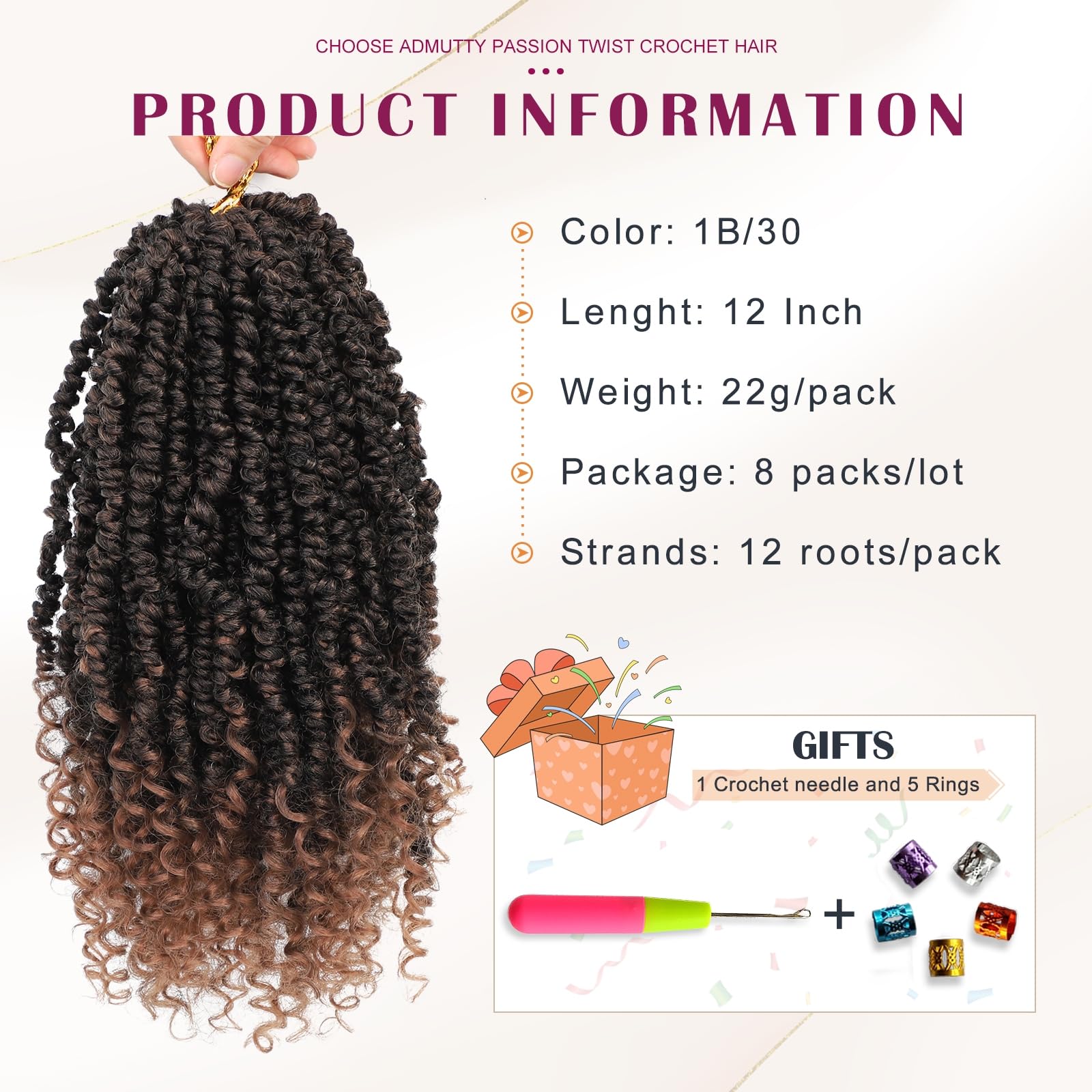 Passion Twist Crochet Hair, Pretwisted Passion Crochet Hair 12 Inch, Passion Twist Crochet Hair 8 Packs Prelooped Passion Twist