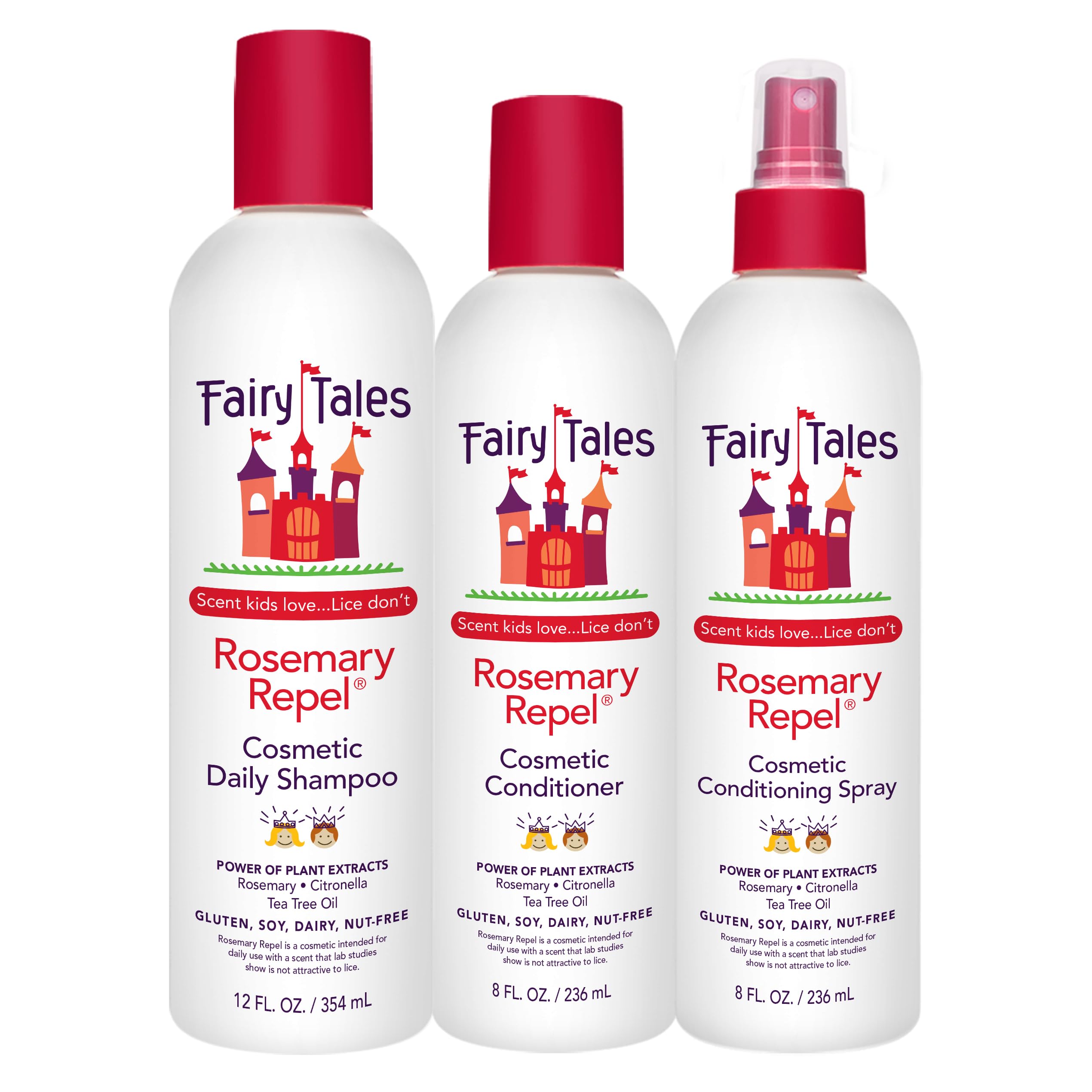 Fairy Tales Rosemary Repel Daily Kids Shampoo, 12 fl oz., Conditioner, 8 fl oz. & Conditioning Spray, 8 fl oz. Star Trio- Kids L
