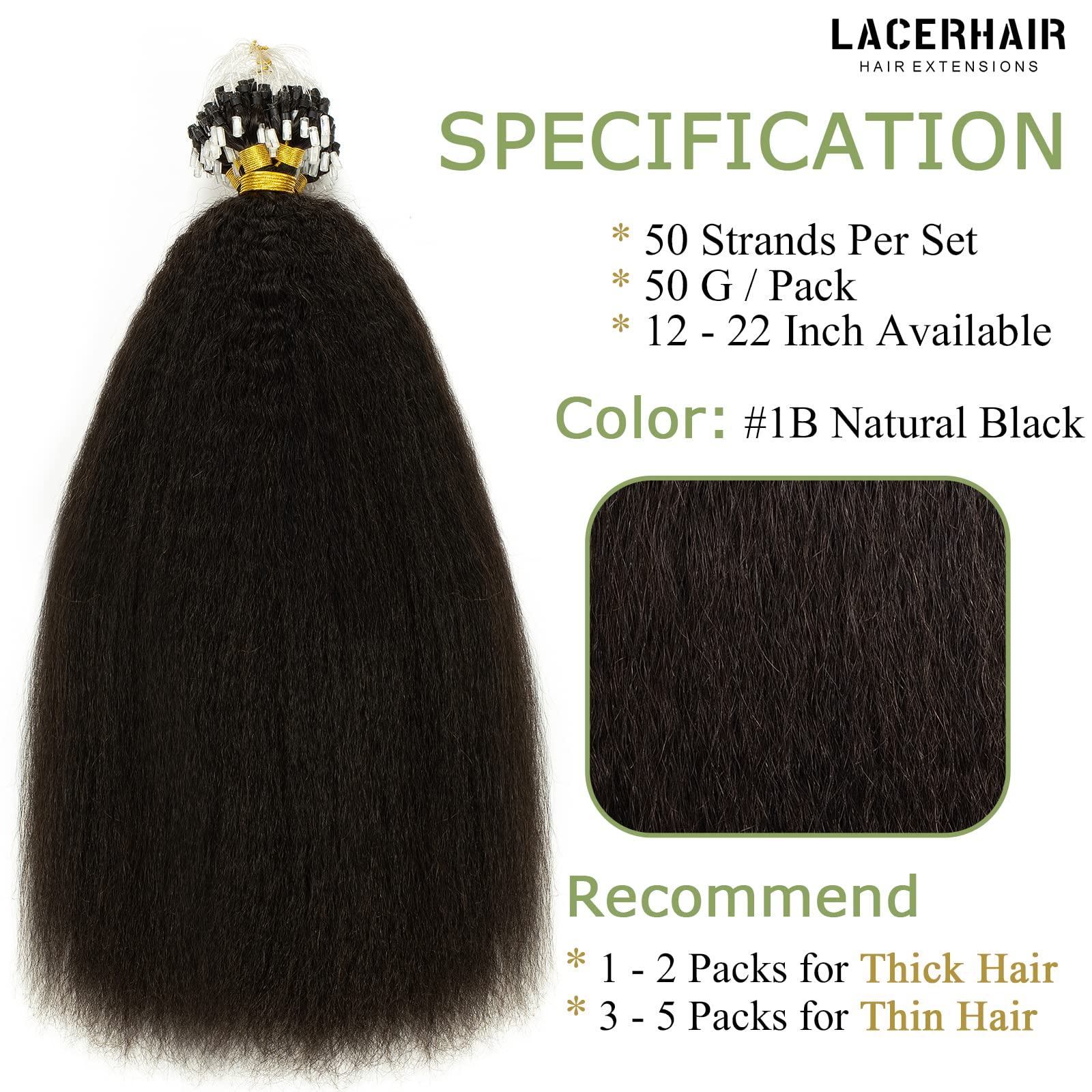 Lacer 16 Inch Micro Links Human Hair For Black Women Kinky Micro Loop Hair Extensions Black Real Remy Hair Extensions Natural Bl