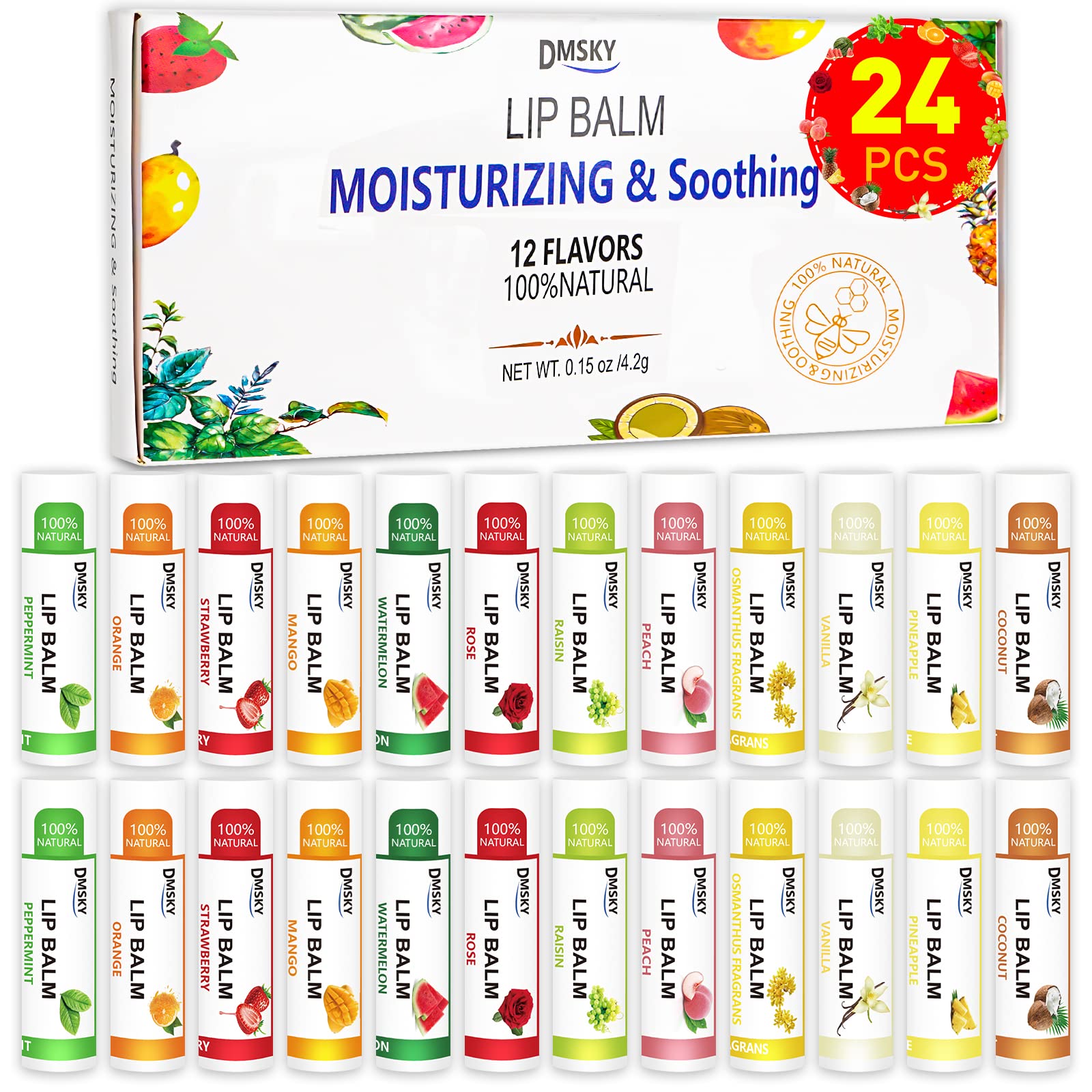 Dmsky 24 Pack Lip Balm Bulk With Vitamin E And Coconut Oil -100% Natural Lip Balm- Lip Moisturizer Treatment - Moisturizing Soot