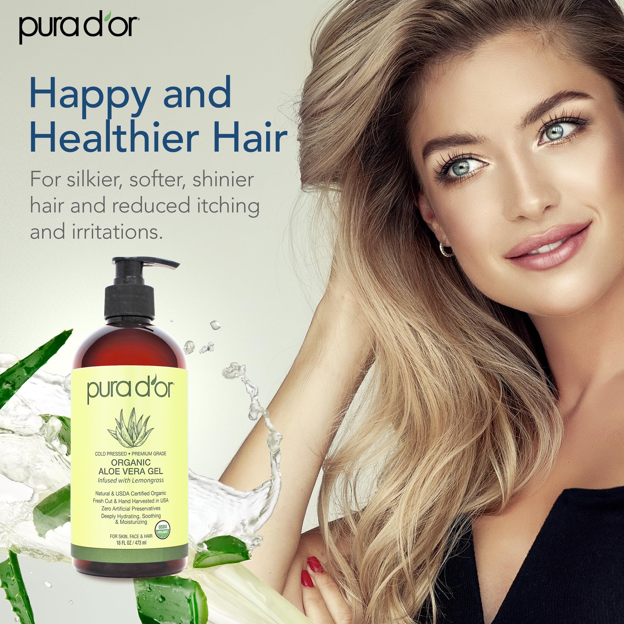 Pura D'Or 16 Oz Organic Aloe Vera Gel - Lemongrass - All Natural - Zero Artificial Preservatives - Deeply Hydrating & Moisturizi