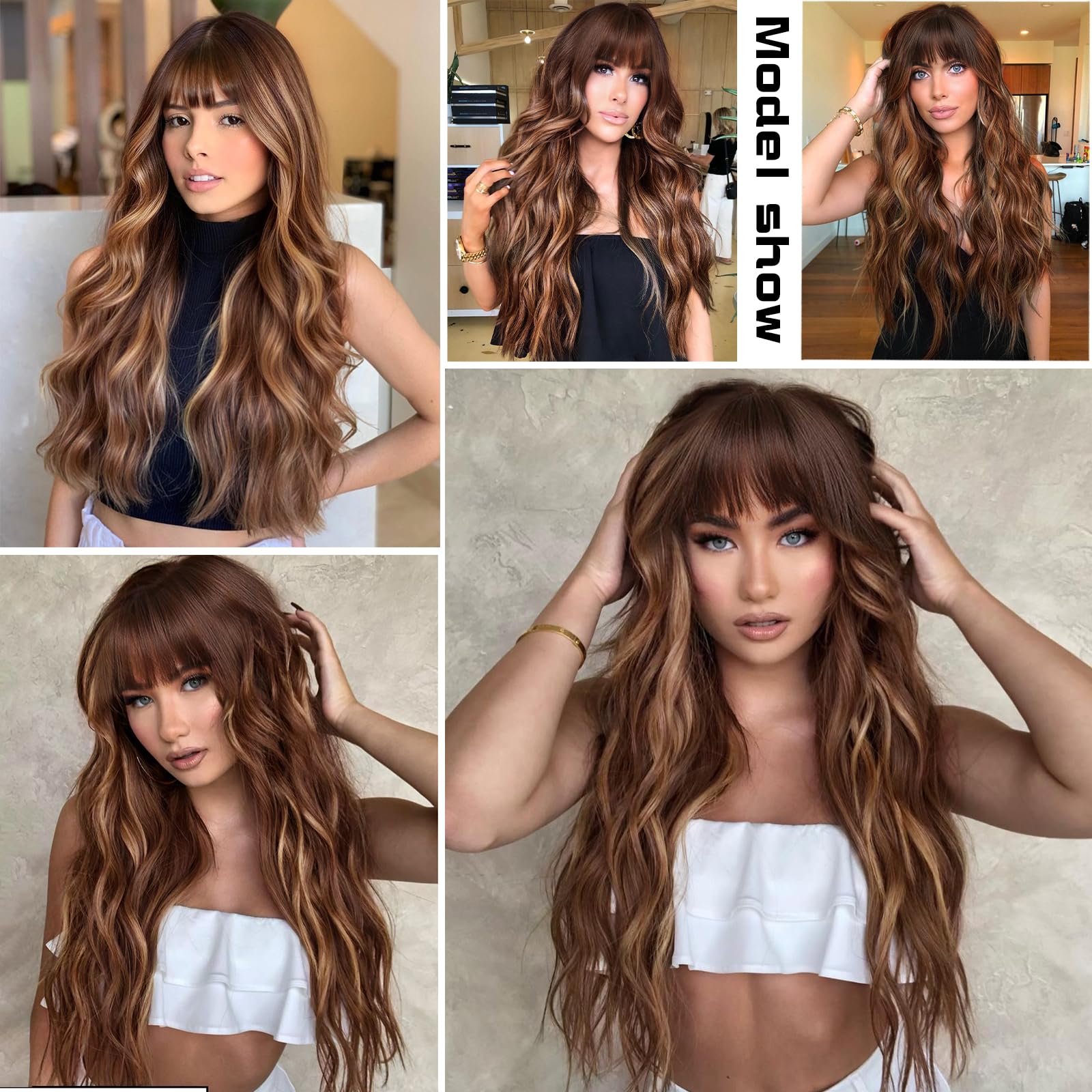 Aisi Queens Wigs With Bangs Brown Highlight Wigs For Women Long Wavy Wigs With Dark Roots Synthetic Heat Resistant Fibre Brown M
