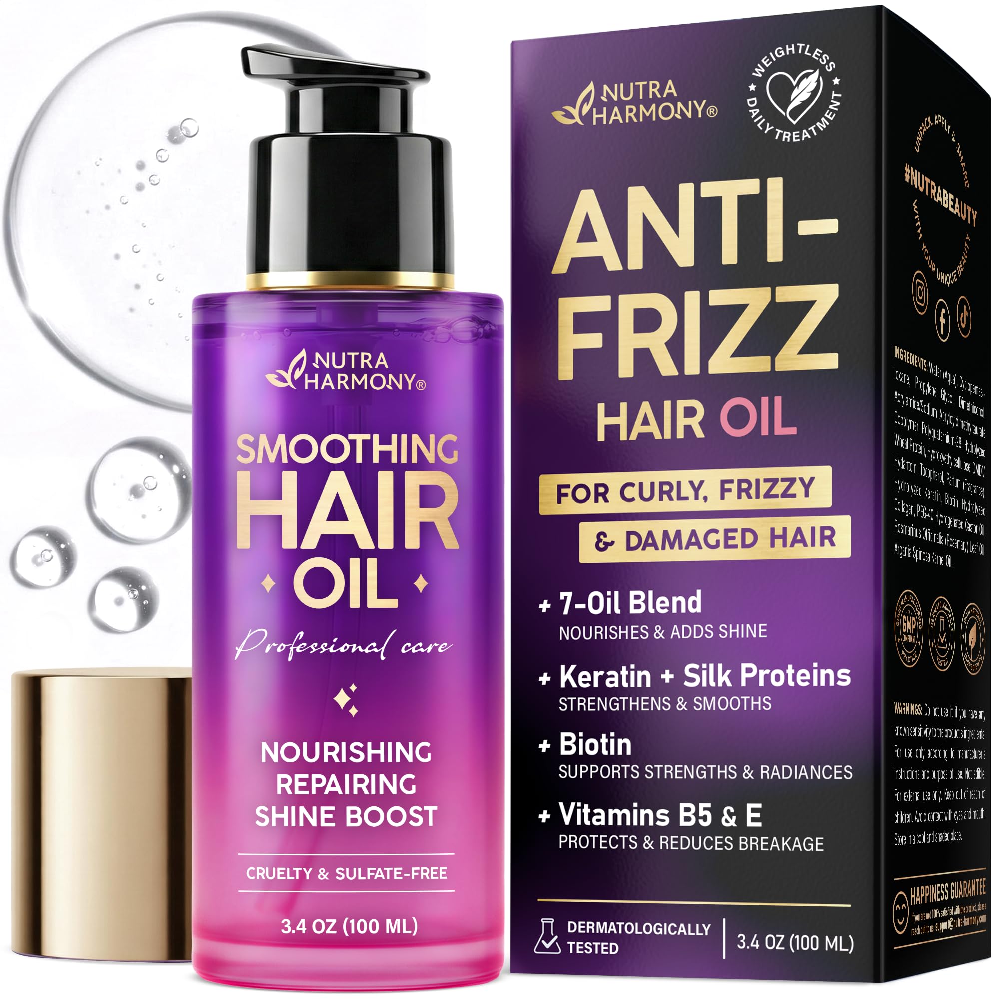 AntiFrizz Hair Oil for Dry, Curly & Damaged Hair  Hair Treatment, 3.4oz