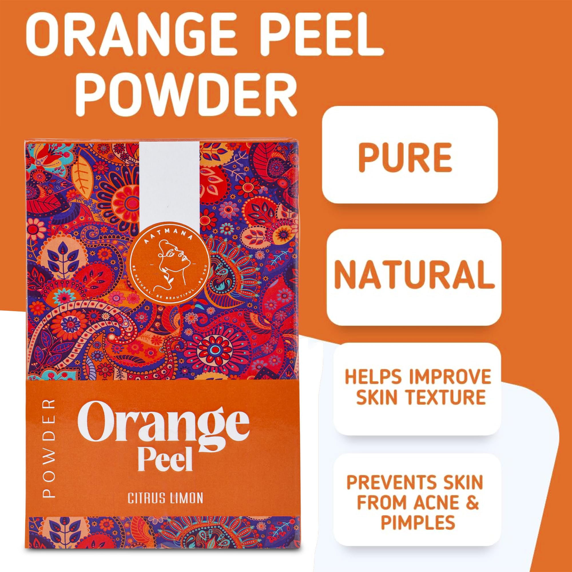 AATMANA Orange Peel Powder | Citrus Aurantium | Face Brightening Skin Lightening Dark Spots | Deep Cleansing Skin | with vitamin