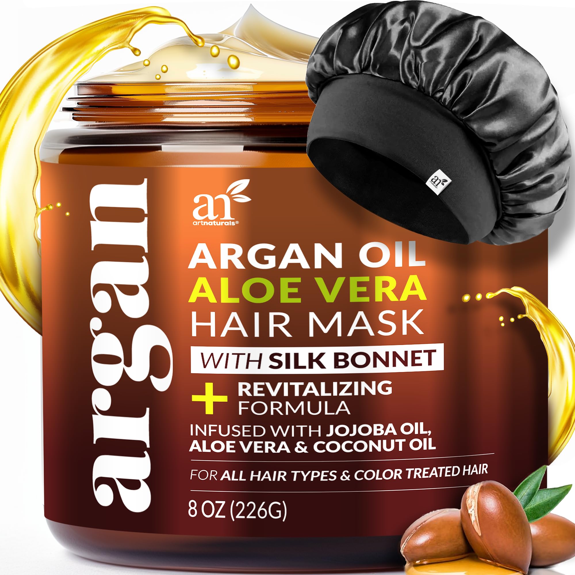 Hair Mask + Silk Bonnet for Sleeping Women Set - Deep Conditioner & Leave-In Conditioner for Dry, Damaged Hair - Argan Oil, Jojo
