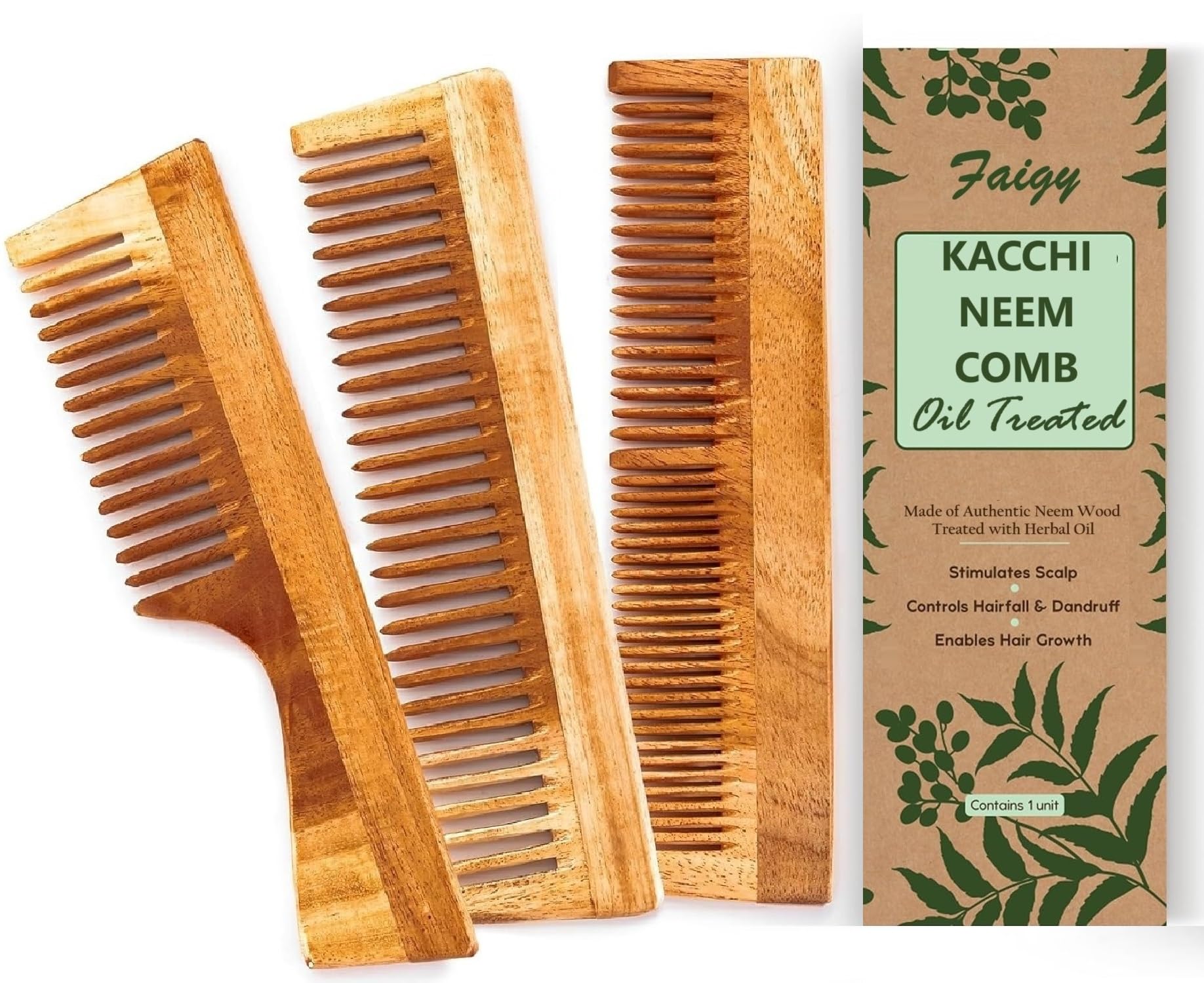 Faigy 3Pc Kacchi Neem Comb, Wooden Comb | Hair Growth, Hairfall, Dandruff Control | Hair Straightening, Frizz Control | Comb For