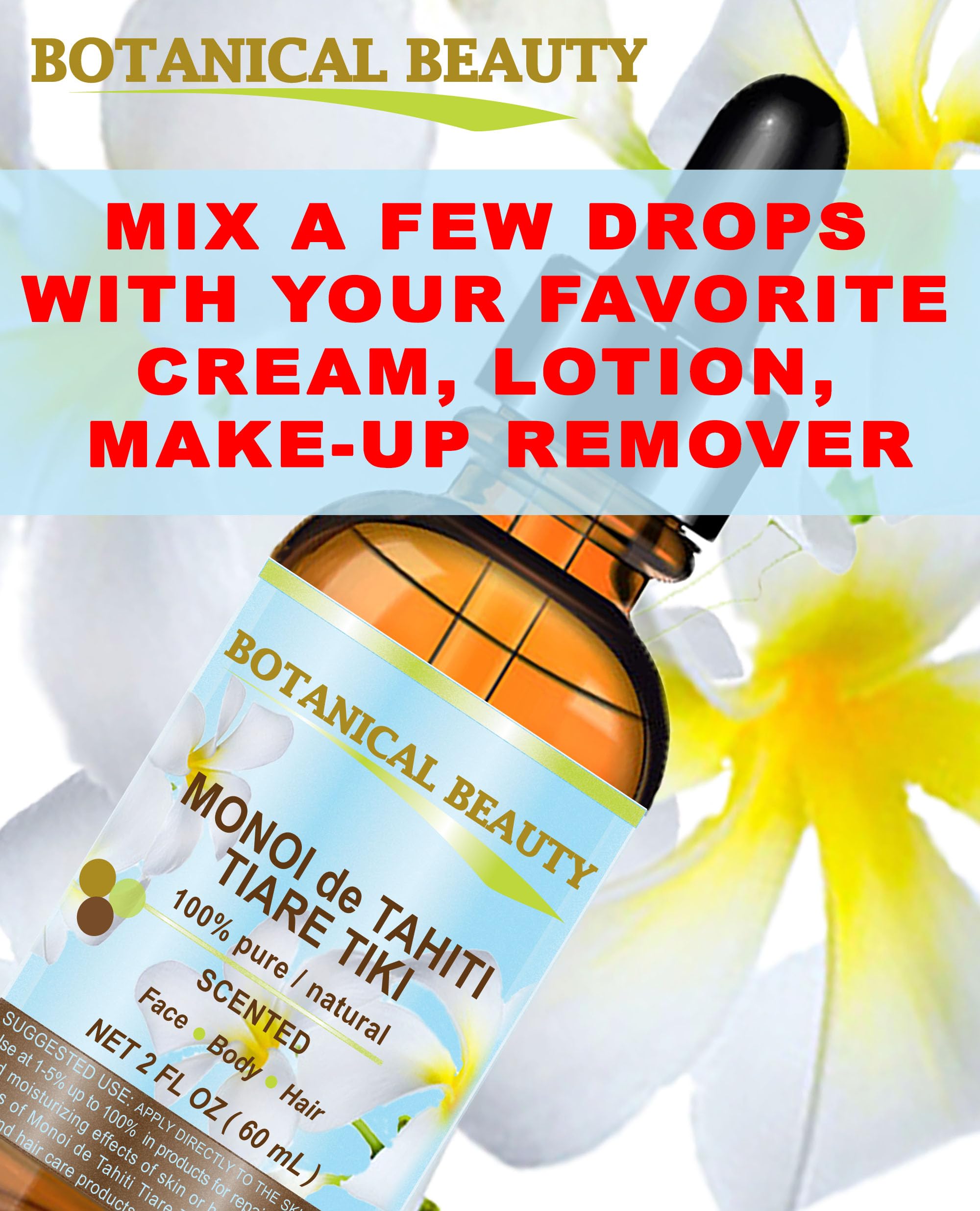 Botanical Beauty MONOI de TAHITI OIL TIARE TIKI 100% Pure Natural Undiluted Virgin 1 Fl. Oz.- 30 ml for FACE, SKIN, BODY, HAIR,