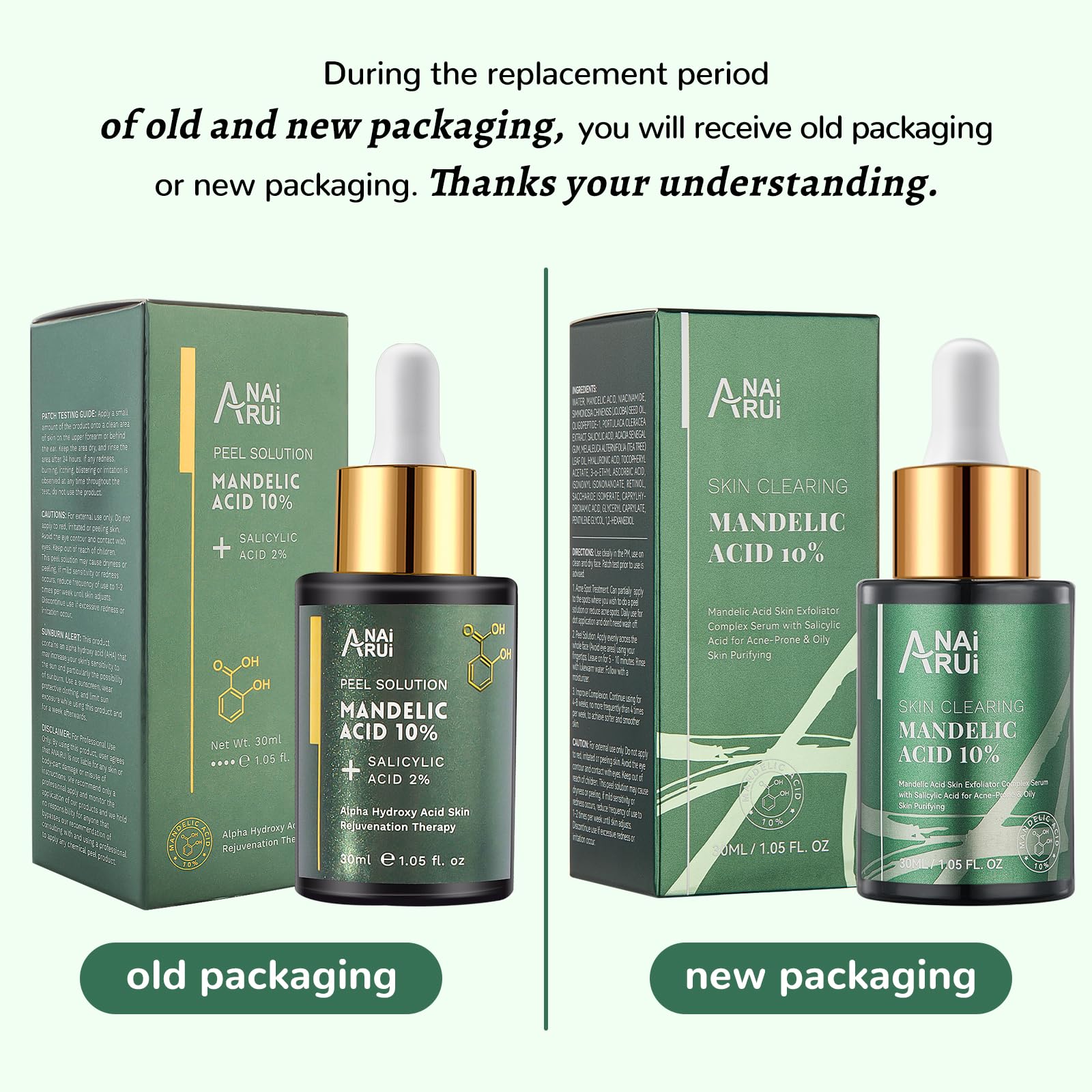 ANAI RUI Mandelic Acid 10% with Salicylic Acid 2%, Tea Tree Oil, AHA BHA Skin Exfoliant Peel Solution, for Dark Spots, Blackhead