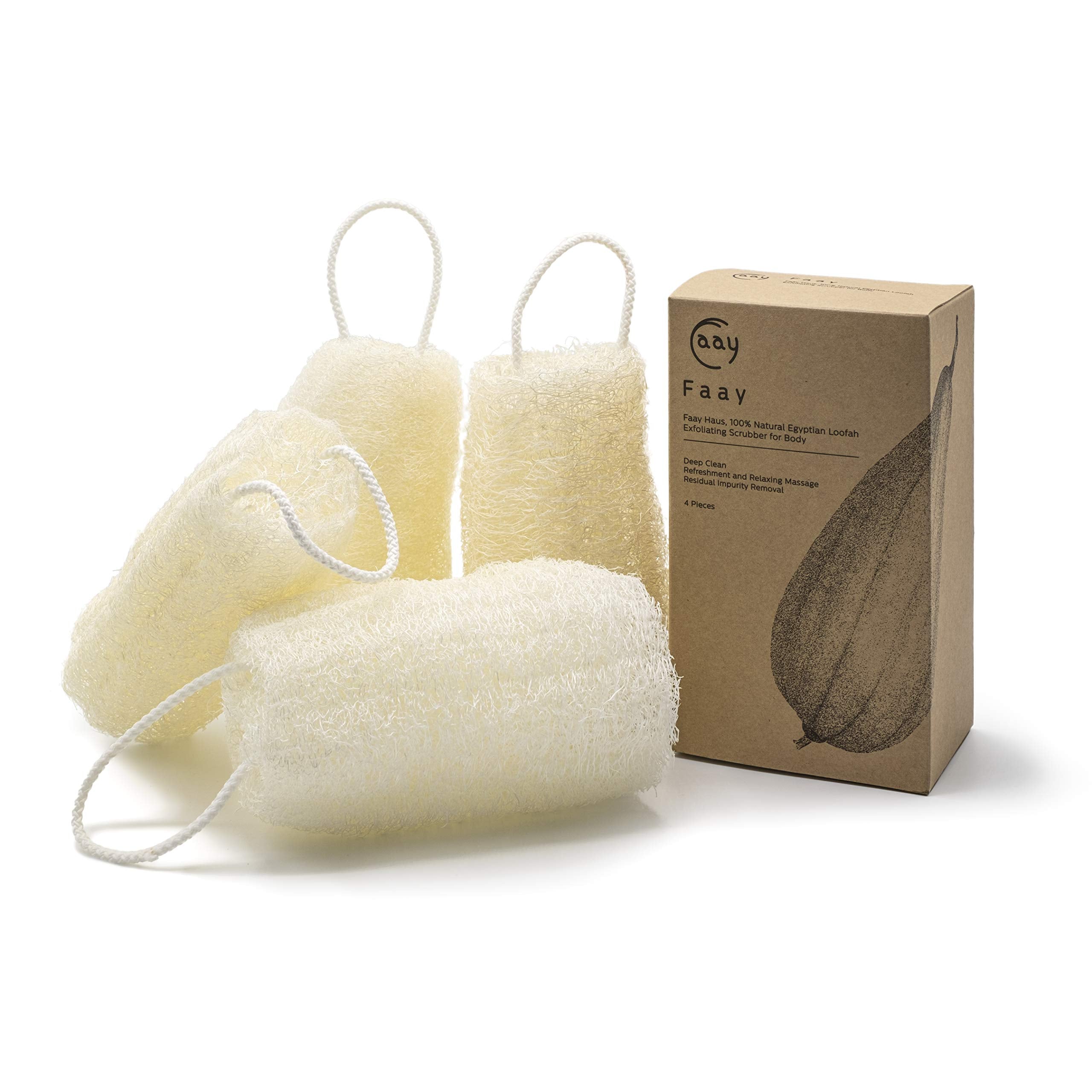 Faay 4 Pcs Premium Natural Exfoliating Loofah Sponge: 6'' Eco-Friendly Unbleached Luffa Body Scrubber Rejuvenating Your Skin For