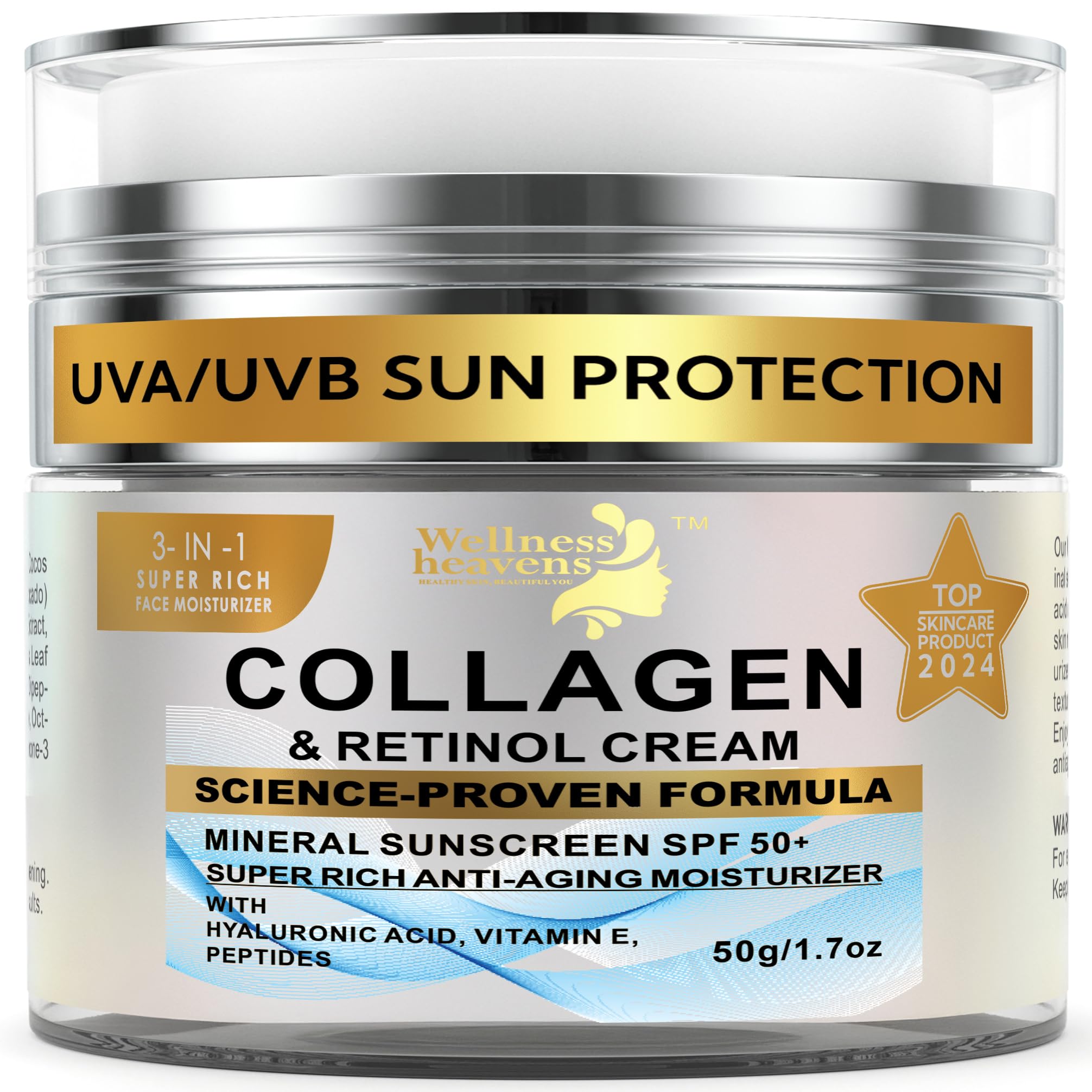 Face Cream With Collagen, Retinol & Hyaluronic Acid-Face Moisturizer With Spf 50+ Mineral Sunscreen- Wrinkle Repair Anti Aging M