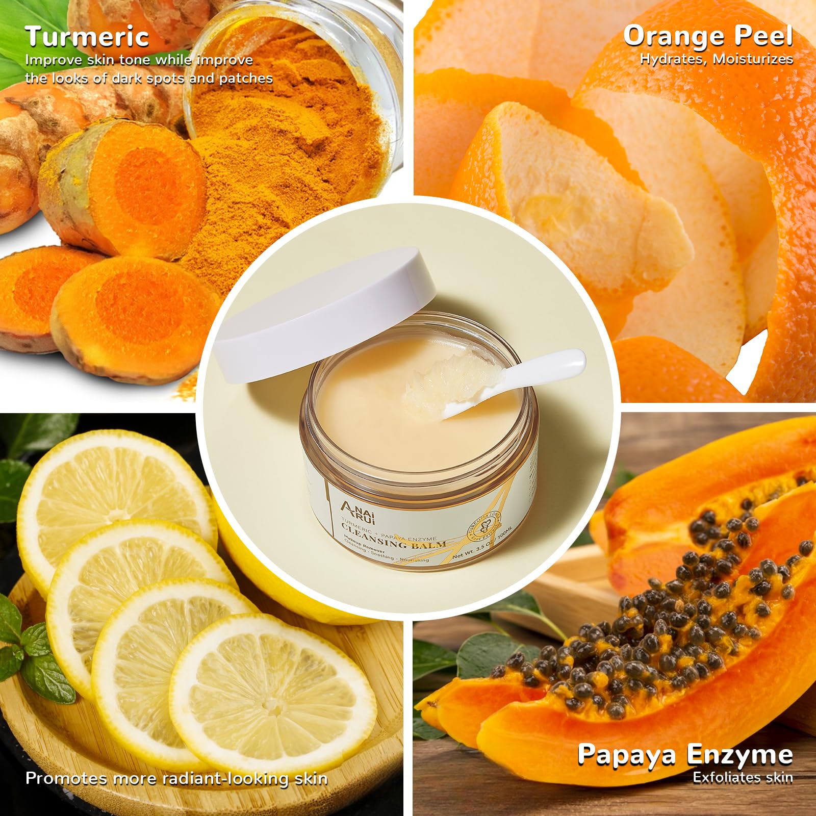 ANAI RUI Cleansing Balm, Turmeric Makeup Remover Balm, Face Exfoliator for Melting Makeup, Oil Cleansing Balm, Cleansing Pores &