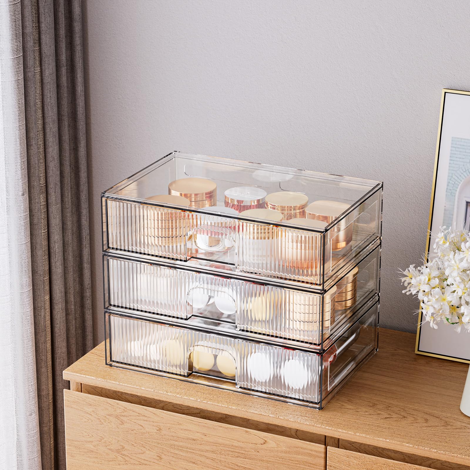 Zhiai Stackable Storage Drawer, 3 Piece Acrylic Organiser For Cosmetics And Beauty Products, Suitable For Dressers, Bathrooms, C