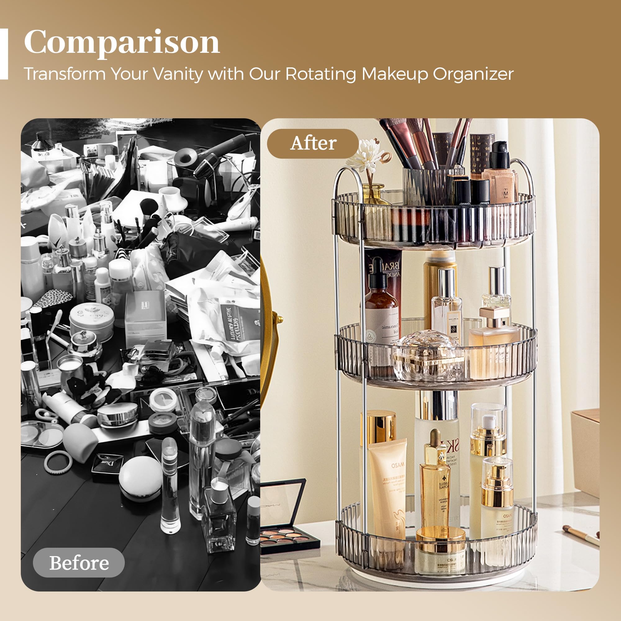 Aveniee 360 Rotating Makeup Organizer For Vanity, Upagraded Perfume Skincare Bathroom Counter Organizers With Brush Divider, 3 T