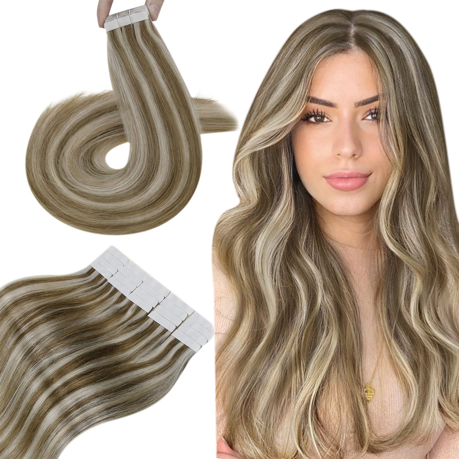 Hetto Tape In Hair Extensions Human Hair Tape In Extensions #10 Golden Brown Highlight With Bleach Blonde Tape In Human Hair 22