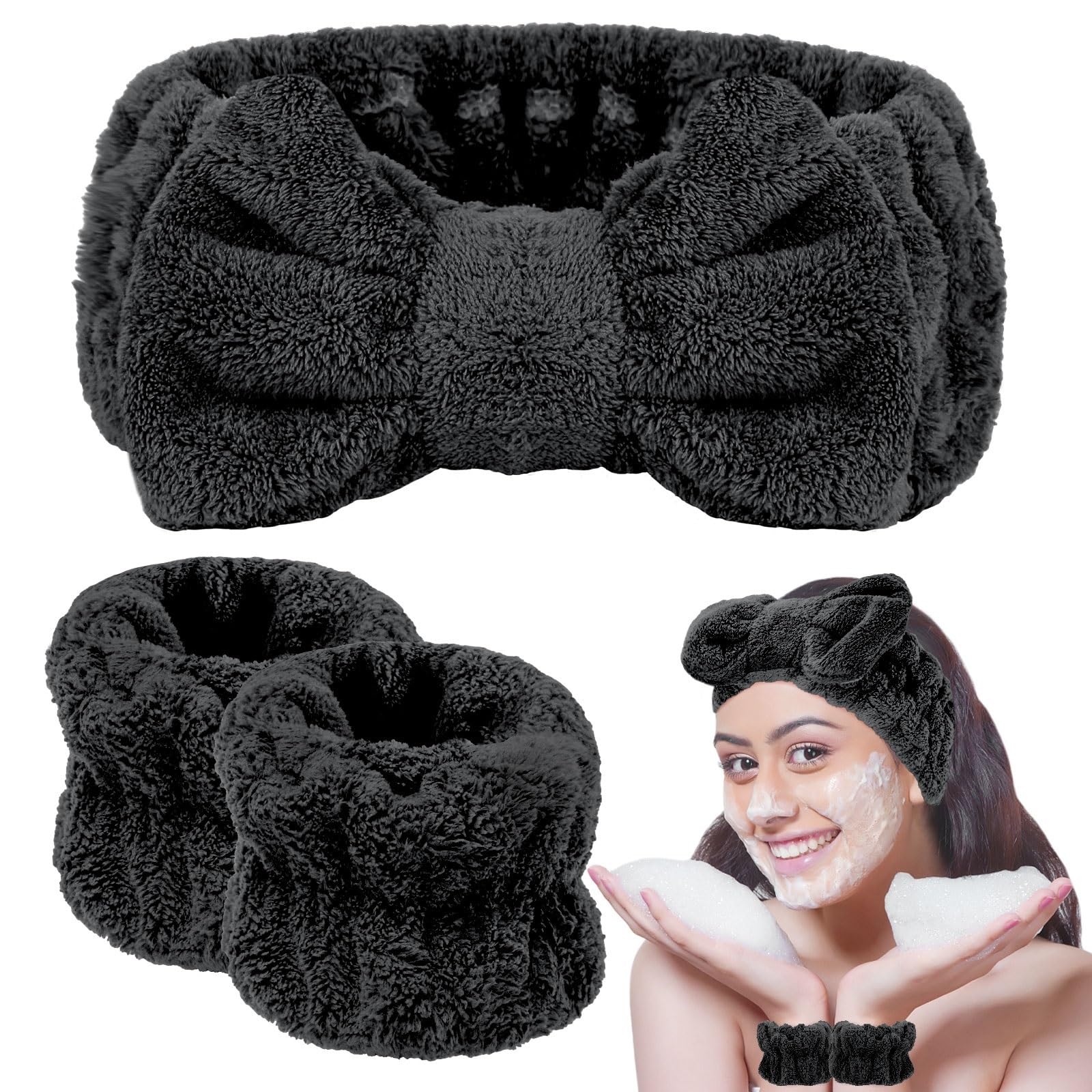 BESARME 3 Pieces Face Wash Headband and Wristband Set Spa Headband Makeup Skincare Headbands Hair Accessories for Women Wrist To