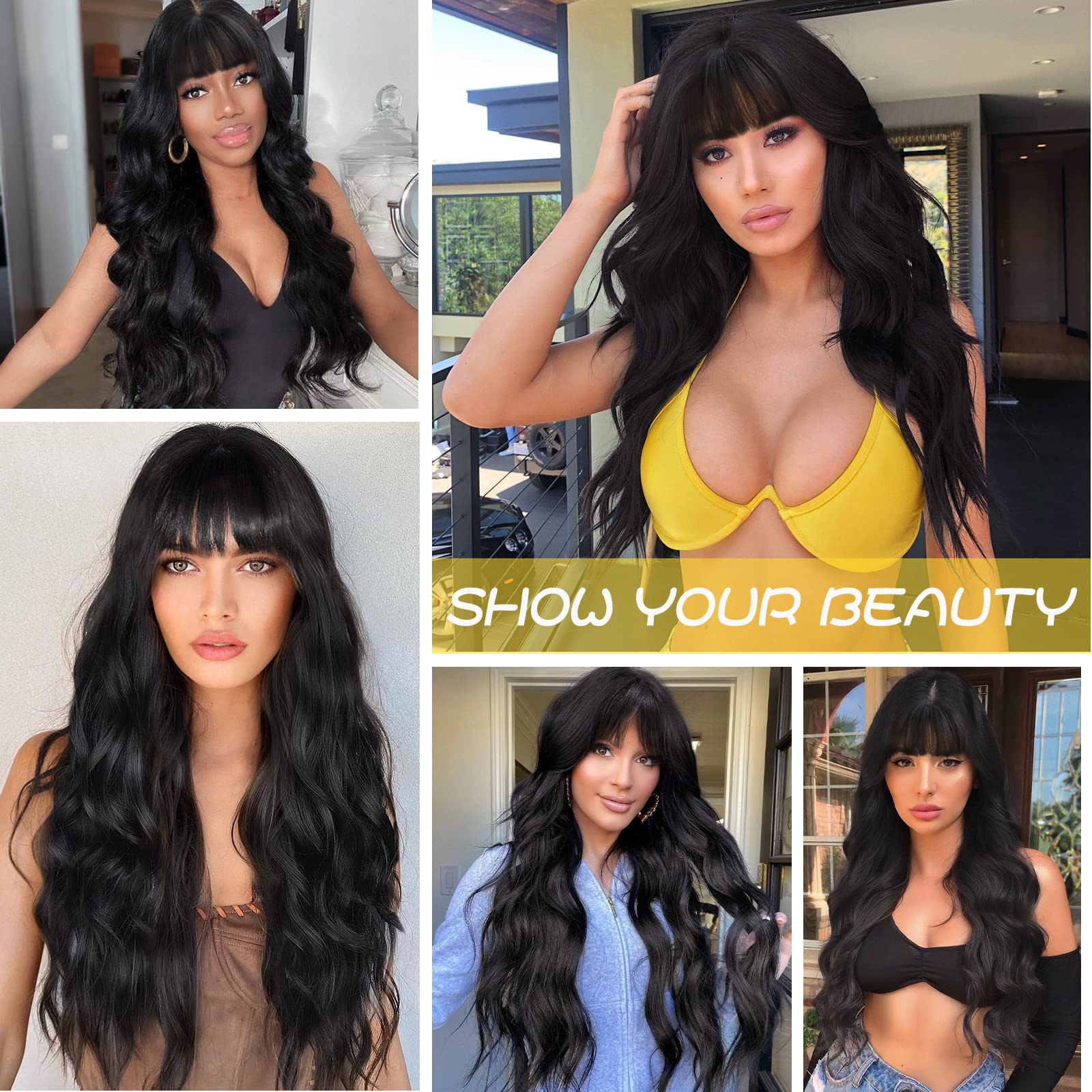 Aisi Queens Black Wig With Bangs, Long Black Wavy Wigs For Women Synthetic Wigs Natural Black Curly Hair Wig For Girls Daily Par