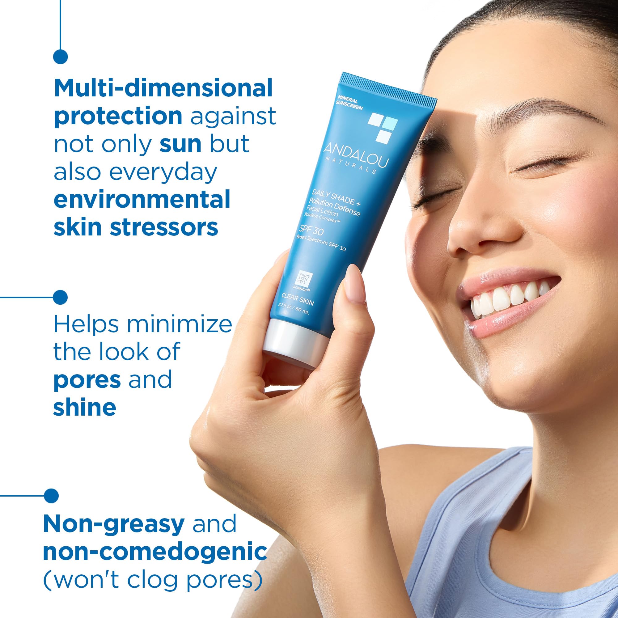 Andalou Naturals Daily Shade Face Sunscreen, SPF 30 Zinc Oxide Mineral Sunscreen, Sun + Pollution Defense Face Lotion, Helps Min