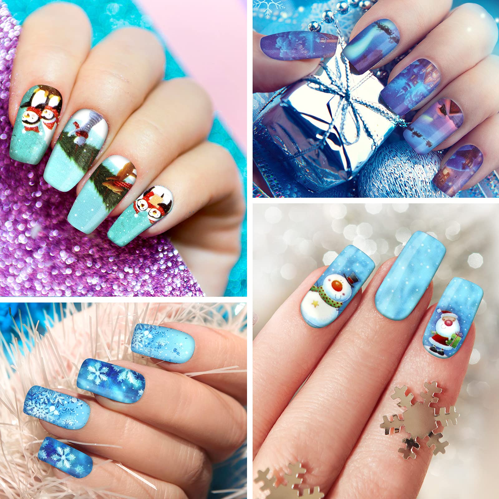 168 Pieces Christmas Full Wrap Nail Art Stickers Snowflakes Snowman Deer Nail Polish Stickers Self-Adhesive Holiday Winter Nail