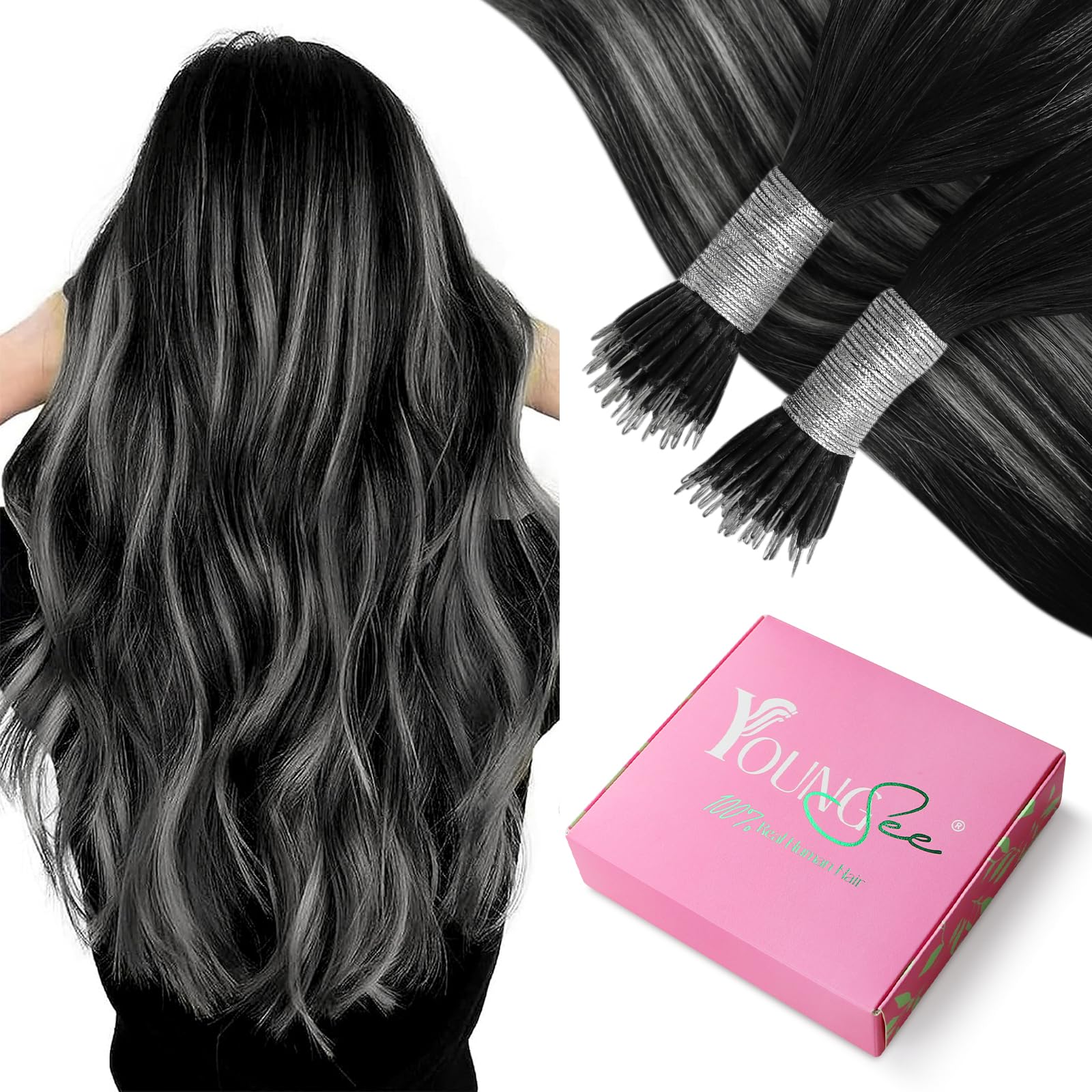 YoungSee Nano Ring Hair Extensions Black Ombre Nano Hair Extensions Ombre Black to Silver Nano Bead Hair Extensions Human Hair S