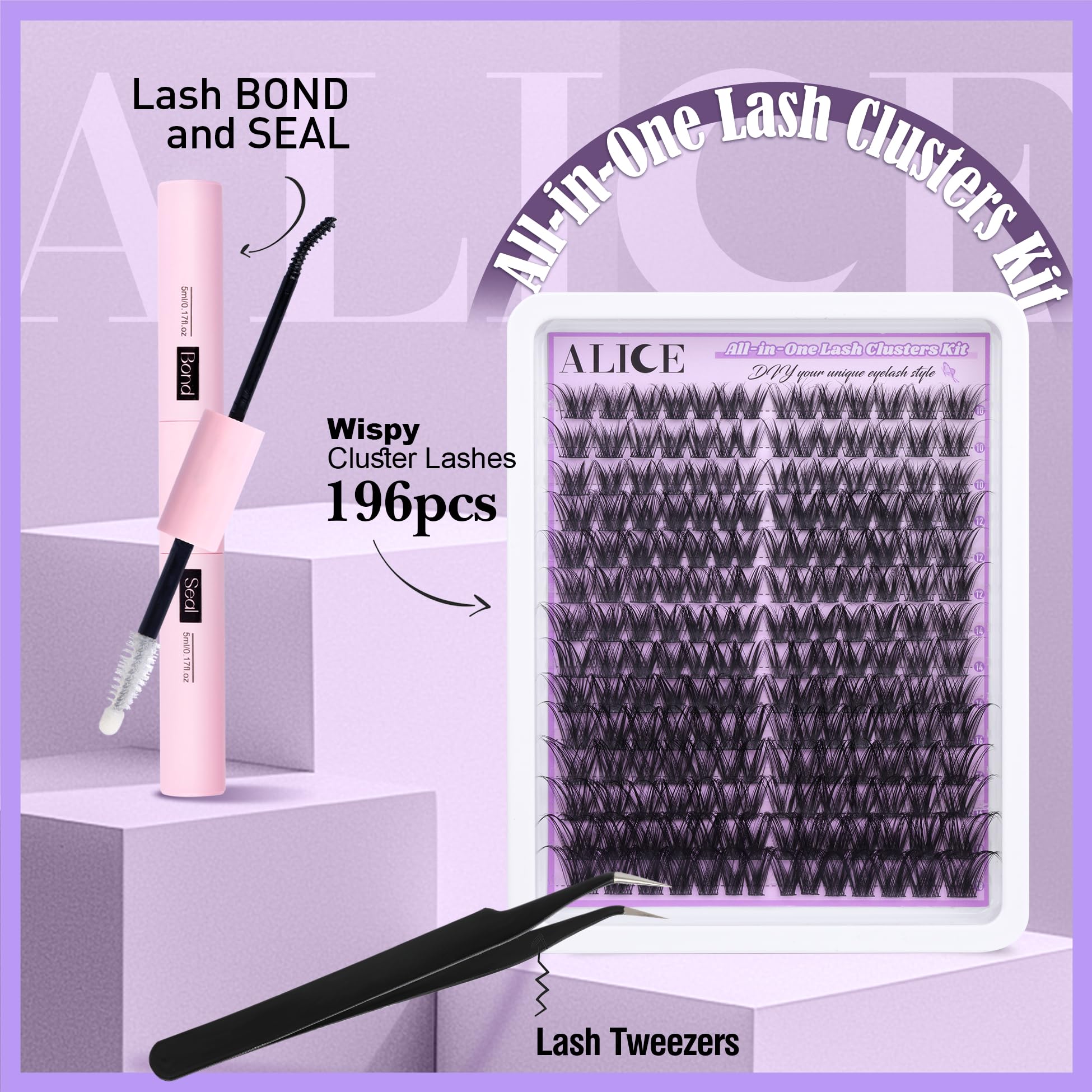 Alice Cluster Eyelash Extension Kit Natural Wispy Lash Clusters Kit Diy Lash Extension Kit Fluffy 196Pcs 10-18Mm Individual Lash
