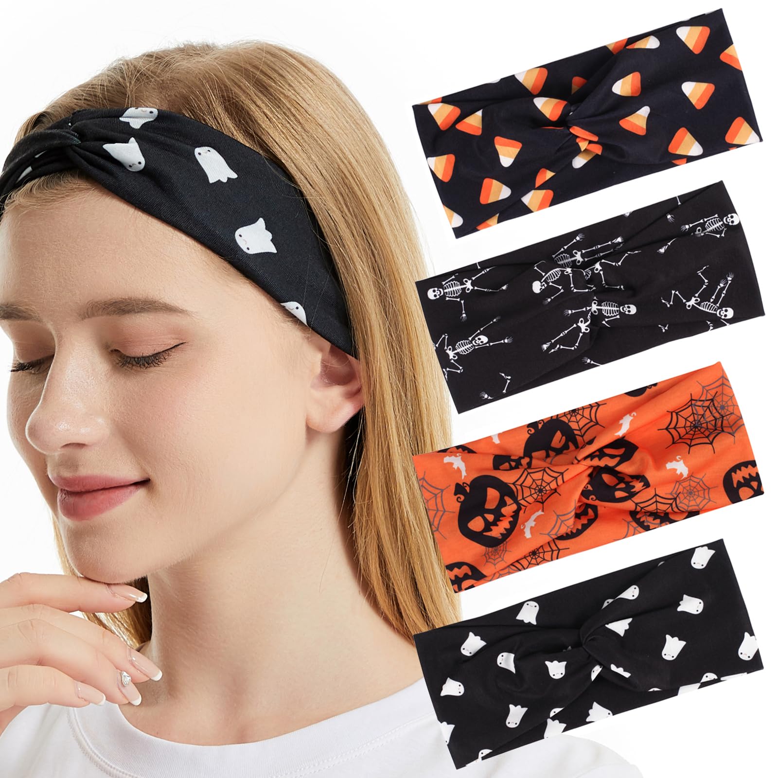 Ardorchid Halloween Headbands For Women Girls Skull Skeleton Ghost Pumpkin Knotted Headband Spooky Sugar Hair Accessories Hallow