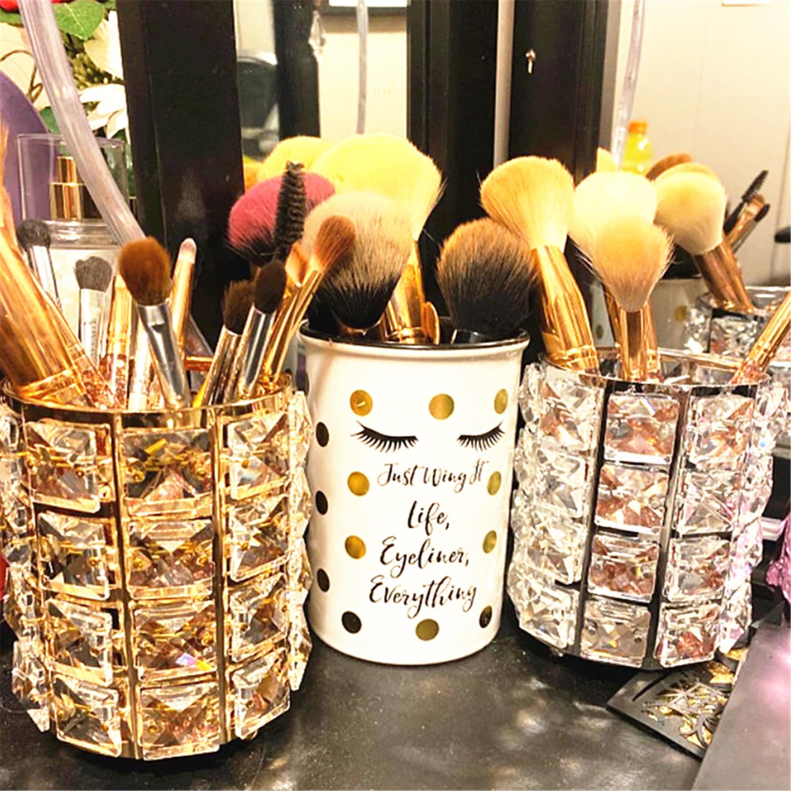 LUGUNU Makeup Brush Holder with Silver Crystal Bling - Elegant Vanity Organizer for Brushes, Pens & Pencils, Ideal for Bathroom