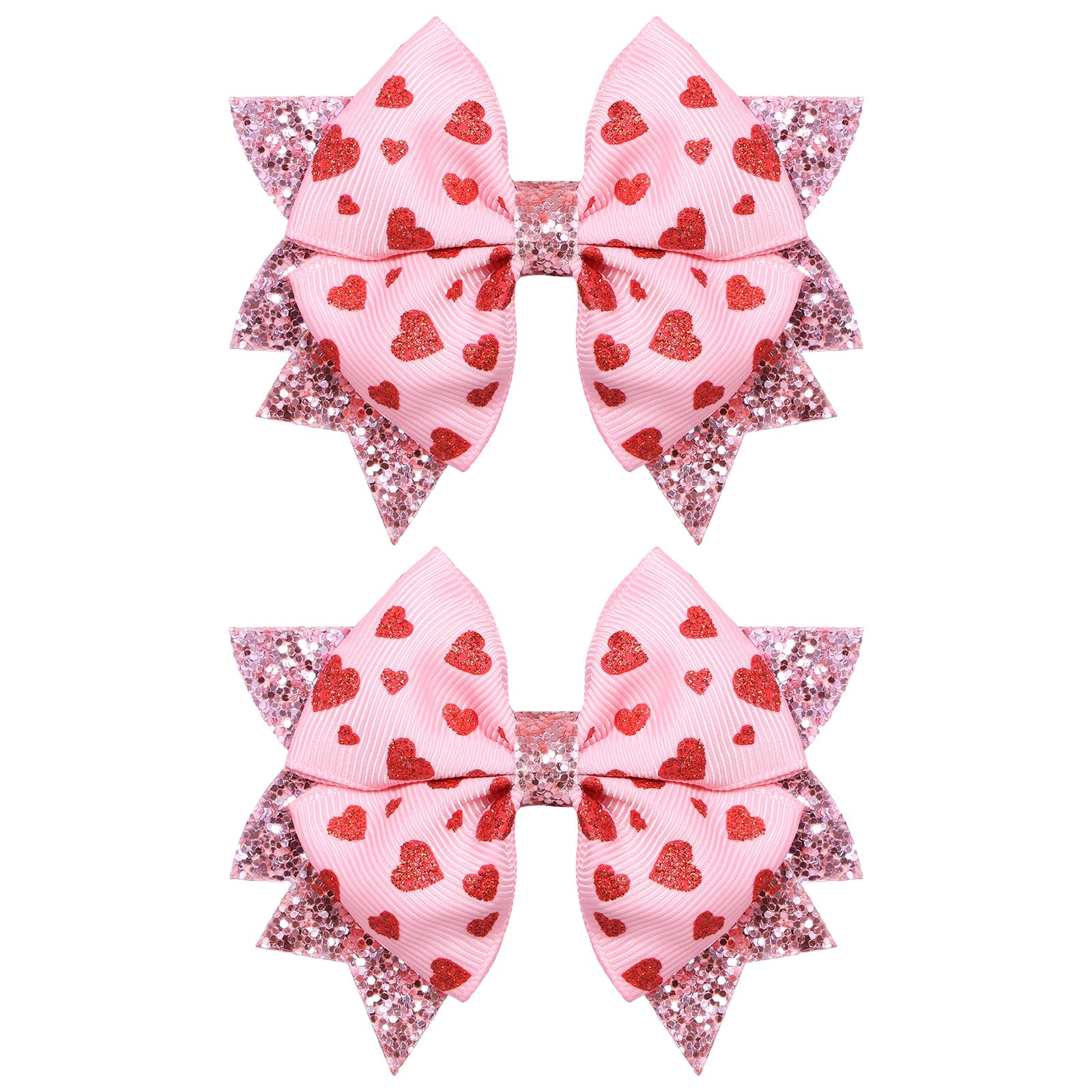 Glitter Pink Valentines Hair Bows for Girls 2pcs 3.5 Red Heart Ribbon Dressy Bow Alligator Clips for Women Wedding Party outfit 