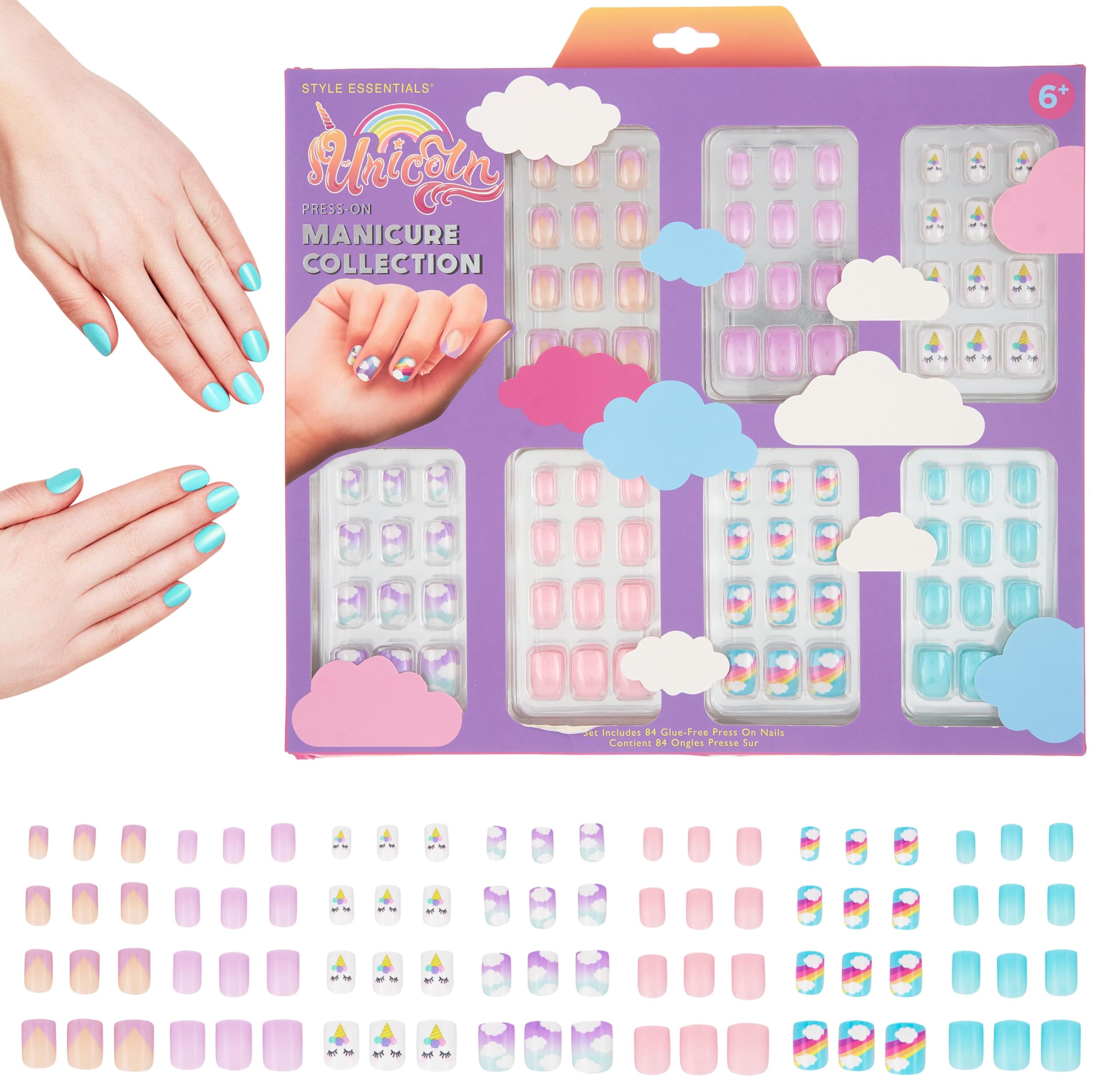 Expressions 7 Day Manicure Collection - 84PC Press On Nail Set, Day-Of-The-Week Adhesive False Nails for Girls (PASTEL UNICORN C
