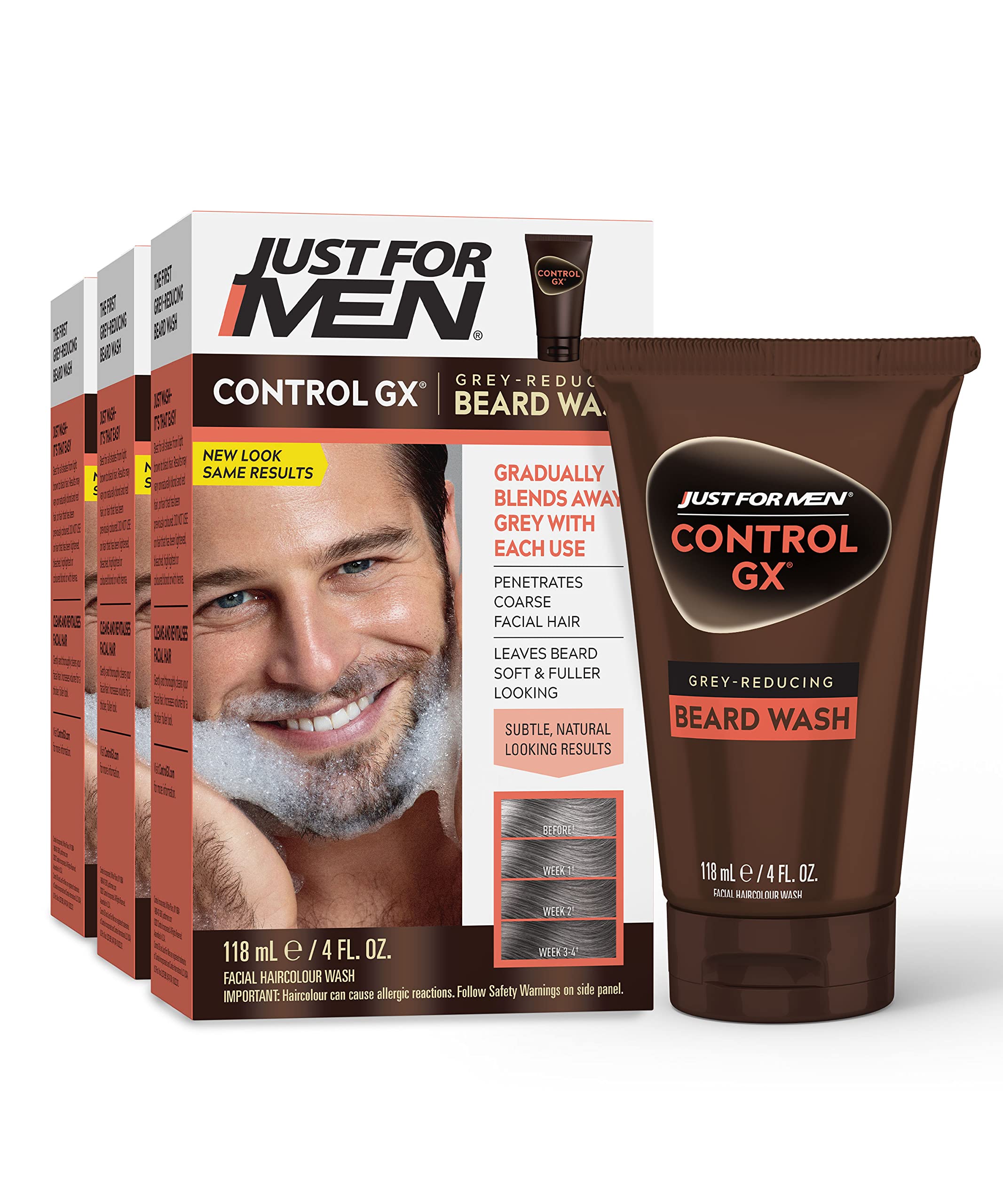 Just For Men Control Gx Grey Reducing Beard Wash Shampoo, Gradually Colors Mustache And Beard, Leaves Facial Hair Softer And Ful