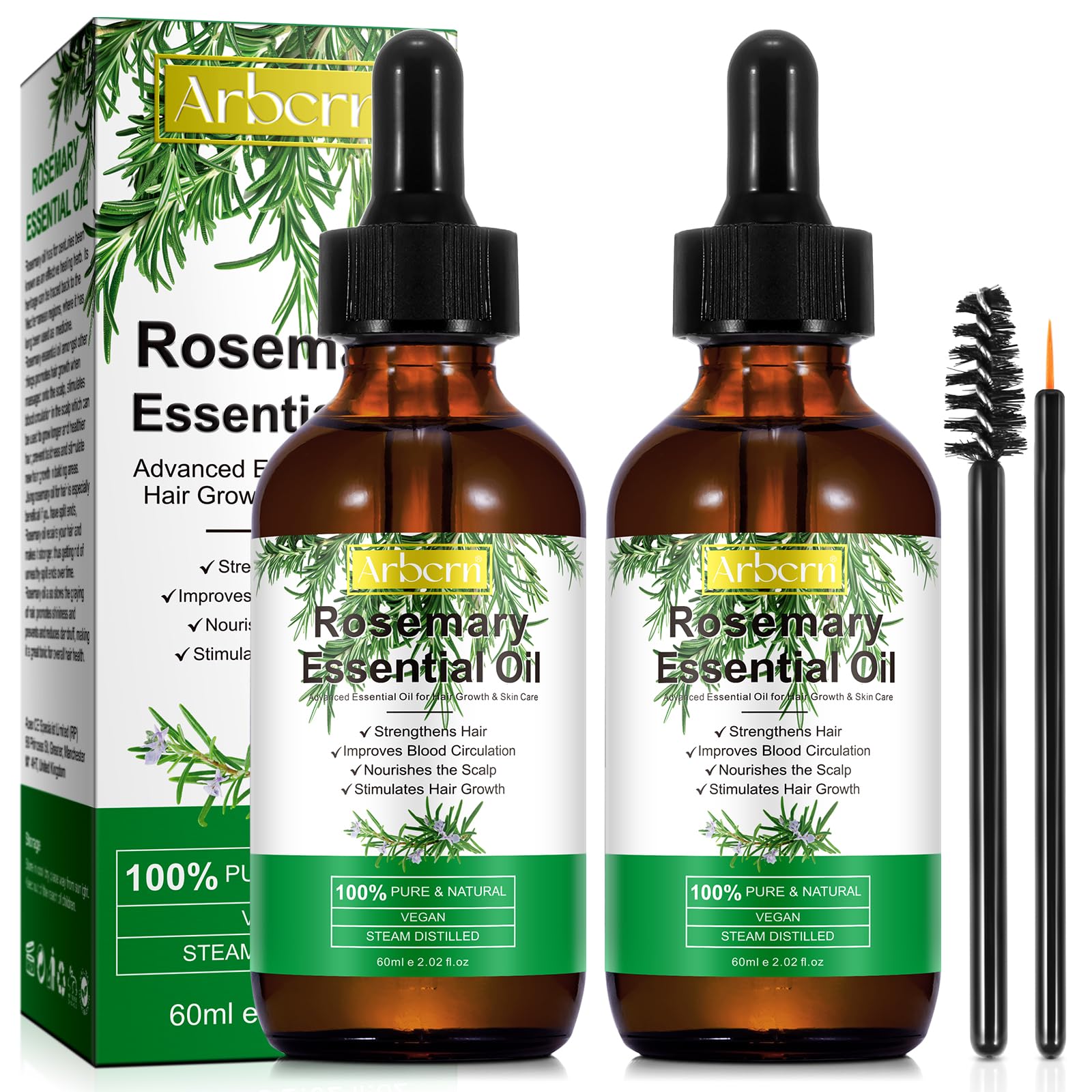 2 Pack Rosemary Oil for Hair Growth Organic,100% Pure Rosemary Essential Oil for Eyebrow and Eyelash Nourishes The Scalp
