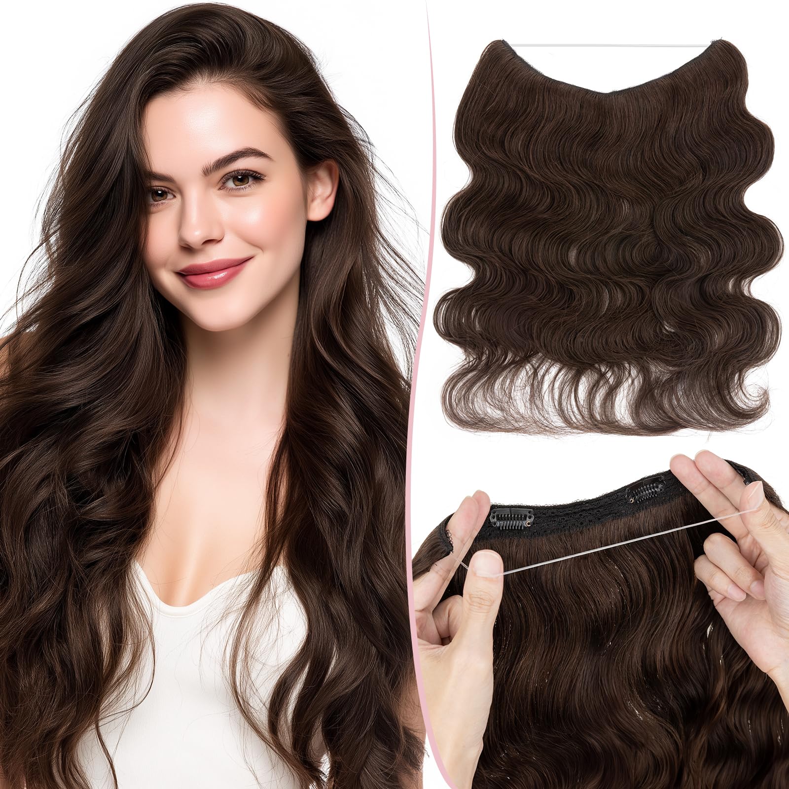 SEGO Halo Hair Extensions Real Human Hair Remy Wavy Invisible Wire Hair Extensions for Women Transparent Fish Line Adjustable Si
