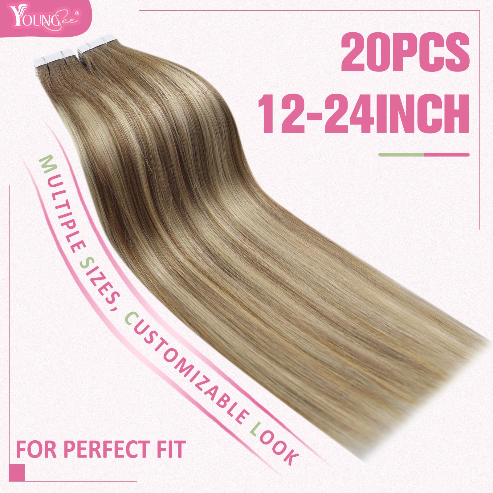 YoungSee Invisible Tape in Hair Extensions Brown Balayage Real Hair Tape in Extensions Human Hair Ombre Light Brown to Blonde Mi
