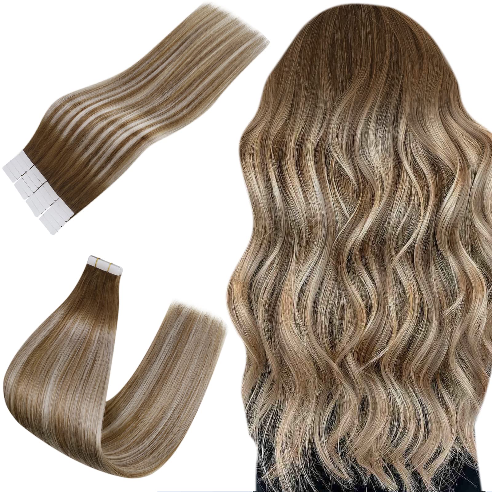 Easyouth 22Inch Ombre Tape In Hair Extensions Human Hair Balayage Medium Brown Fading To Platinum Blonde Hair Extensions Tape In